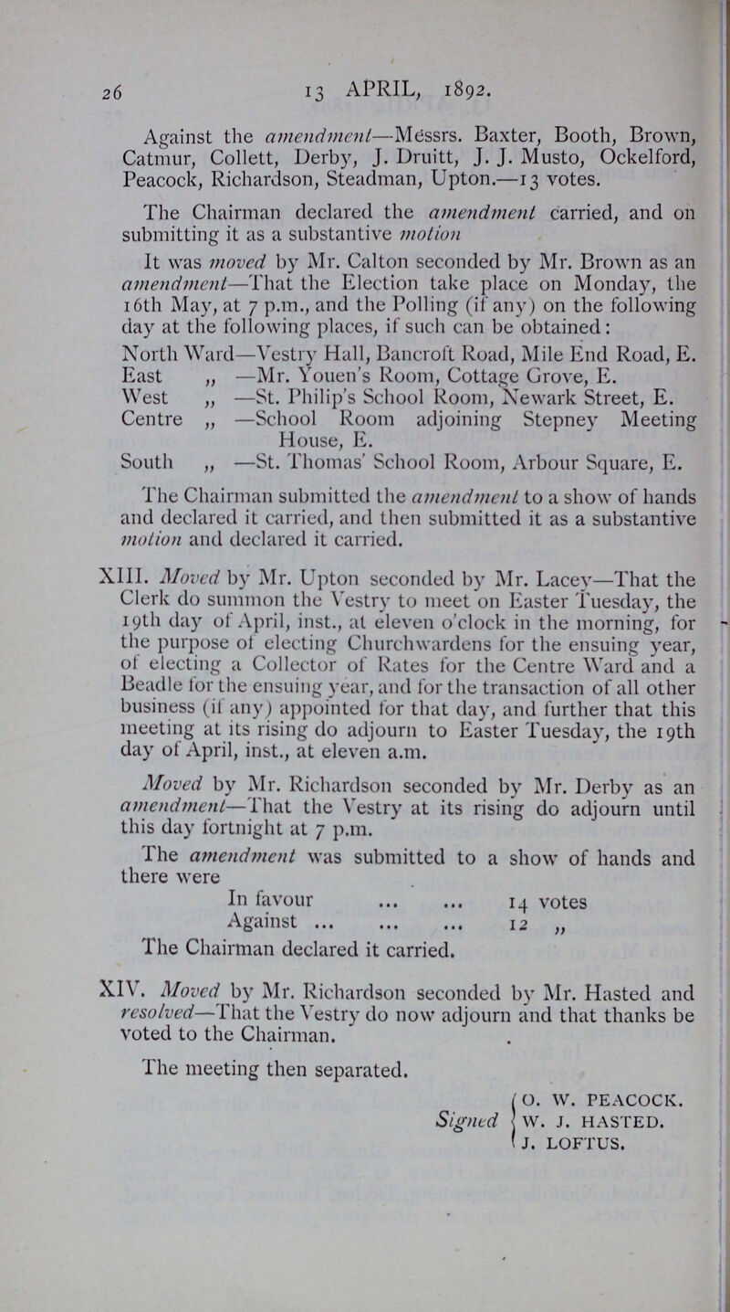 26 13 APRIL, 1892. Against the amendment—Messrs. Baxter, Booth, Brown, Catmur, Collett, Derby, J. Druitt, J. J. Musto, Ockelford, Peacock, Richardson, Steadman, Upton.—13 votes. The Chairman declared the amendment carried, and on submitting it as a substantive motion It was moved by Mr. Calton seconded by Mr. Brown as an amendment—That the Election take place on Monday, the 16th May, at 7 p.m., and the Polling (if any) on the following day at the following places, if such can be obtained: North Ward—Vestry Hall, Bancroft Road, Mile End Road, E. East „ —Mr. Youen's Room, Cottage Grove, E. West „ —St. Philip's School Room, Newark Street, E. Centre „ —School Room adjoining Stepney Meeting House, E. South „ —St. Thomas' School Room, Arbour Square, E. The Chairman submitted the amendment to a show of hands and declared it carried, and then submitted it as a substantive motion and declared it carried. XIII. Moved by Mr. Upton seconded by Mr. Lacey—That the Clerk do summon the Vestry to meet on Easter Tuesday, the 19th day of April, inst., at eleven o'clock in the morning, for the purpose of electing Churchwardens for the ensuing year, of electing a Collector of Rates for the Centre Ward and a Beadle tor the ensuing year, and for the transaction of all other business (if any) appointed for that day, and further that this meeting at its rising do adjourn to Easter Tuesday, the 19th day of April, inst., at eleven a.m. Moved by Mr. Richardson seconded by Mr. Derby as an amendment—That the Vestry at its rising do adjourn until this day fortnight at 7 p.m. The amendment was submitted to a show of hands and there were In favour 14 votes Against 12 „ The Chairman declared it carried. XIV. Moved by Mr. Richardson seconded by Mr. Hasted and resolved—That the Vestry do now adjourn and that thanks be voted to the Chairman. The meeting then separated. Signed o. w. peacock. w. j. hasted. j. loftus.