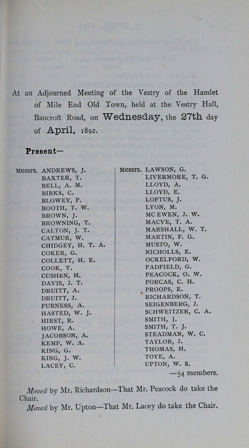 At an Adjourned Meeting of the Vestry of the Hamlet of Mile End Old Town, held at the Vestry Hall, Bancroft Road, on Wednesday, the 27th day of April, 1892. Present- Messrs. ANDREWS, J. BAXTER, T. BELL, A. M. BIRKS, C. BLOWEY, P. BOOTH, T. W. BROWN, J. BROWNING, T. CALTON, J. T. CATMUR, W. CHIDGEY, H. T. A. COKER, G. COLLETT, H. E. COOK, T. CUSHEN, H. DAVIS, J. T. DRUITT, A. DRUITT, J. FURNESS, A. HASTED, W. J. HIRST, R. HOWE, A. JACOBSON, A. KEMP, W. A. KING, G. KING, J. W. LACEY, C. Messrs. LAWSON, G. LIVERMORE, T. G. LLOYD, A. LLOYD, E. LOFTUS, J. LYON, M. MCEWEN, J. W. MACVE, T. A. MARSHALL, W. T. MARTIN, F. G. MUSTO, W. NICHOLLS, E. OCKELFORD, W. PADFIELD, G. PEACOCK, O. W. PORCAS, C. H. PROOPS, E. RICHARDSON, T. SEIGENBERG, J. SCHWEITZER, C. A. SMITH, J. SMITH, T. J. STEADMAN, W. C. TAYLOR, J. THOMAS, H. TOYE, A. UPTON, W. S. —54 members. Moved by Mr. Richardson—That Mr. Peacock do take the Chair. Moved by Mr. Upton—That Mr. Lacey do take the Chair.