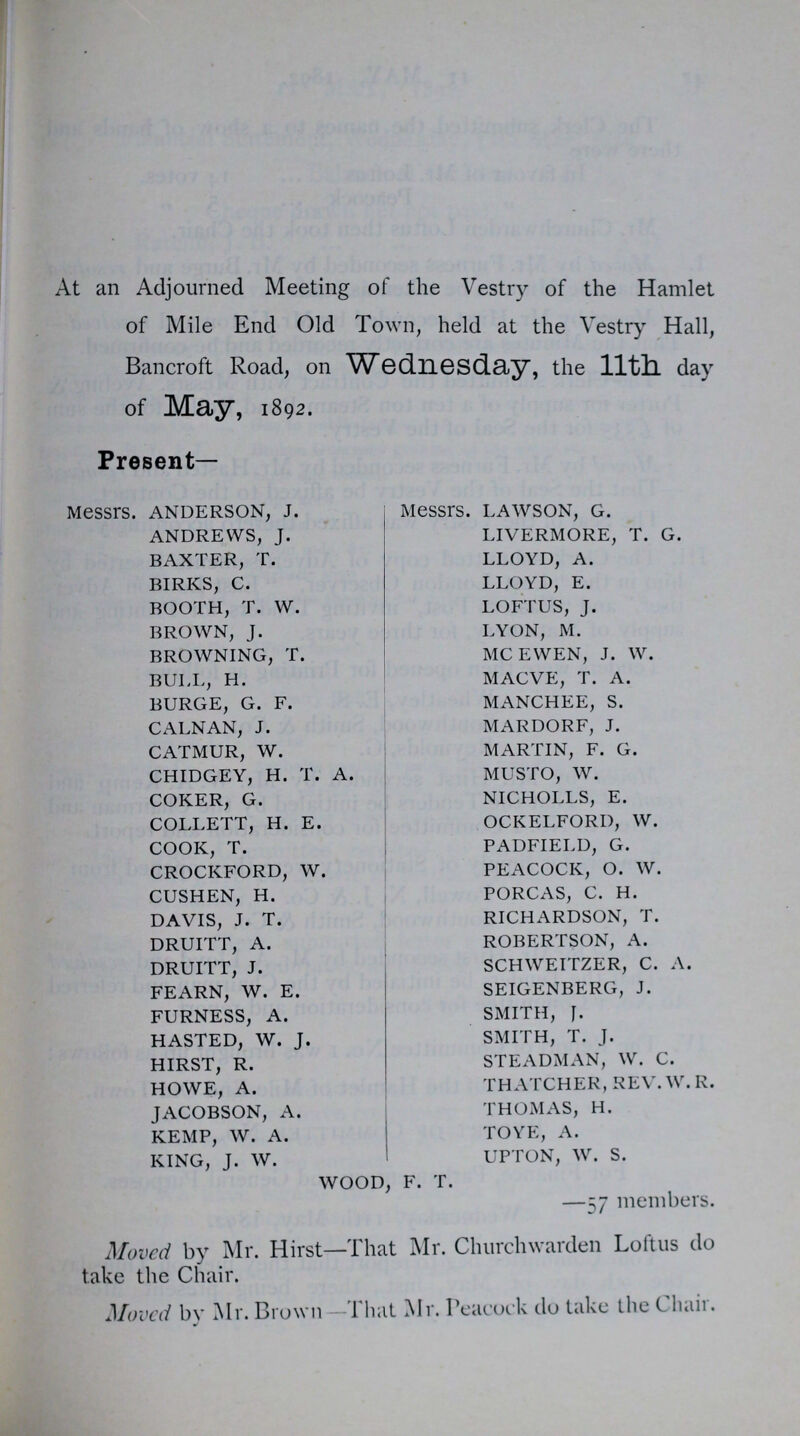 At an Adjourned Meeting of the Vestry of the Hamlet of Mile End Old Town, held at the Vestry Hall, Bancroft Road, on Wednesday, the llth day of May, 1892. Present- Messrs. ANDERSON, J. ANDREWS, J. BAXTER, T. BIRKS, C. BOOTH, T. W. BROWN, J. BROWNING, T. BULL, H. BURGE, G. F. CALNAN, J. CATMUR, W. CHIDGEY, H. T. A. COKER, G. COLLETT, H. E. COOK, T. CROCKFORD, W. CUSHEN, H. DAVIS, J. T. DRUITT, A. DRUITT, J. FEARN, W. E. FURNESS, A. HASTED, W. J. HIRST, R. HOWE, A. JACOBSON, A. KEMP, W. A. KING, J. W. Messrs. LAWSON, G. LIVERMORE, T. G. LLOYD, A. LLOYD, E. LOFTUS, J. LYON, M. MCEWEN, J. W. MACVE, T. A. MANCHEE, S. MARDORF, J. MARTIN, F. G. MUSTO, W. NICHOLLS, E. OCKELFORI), W. PADFIELD, G. PEACOCK, O. W. PORCAS, C. H. RICHARDSON, T. ROBERTSON, A. SCHWEITZER, C. A. SEIGENBERG, J. SMITH, J. SMITH, T. J. STEADMAN, W. C. THATCHER, REV. W. R. THOMAS, H. TOYE, A. UPTON, W. S. WOOD, F. T. —57 members. Moved by Mr. Hirst—That Mr. Churchwarden Loftus do take the Chair. Moved by Mr. Brown — J hat Mr. Peacock do take the Chair.