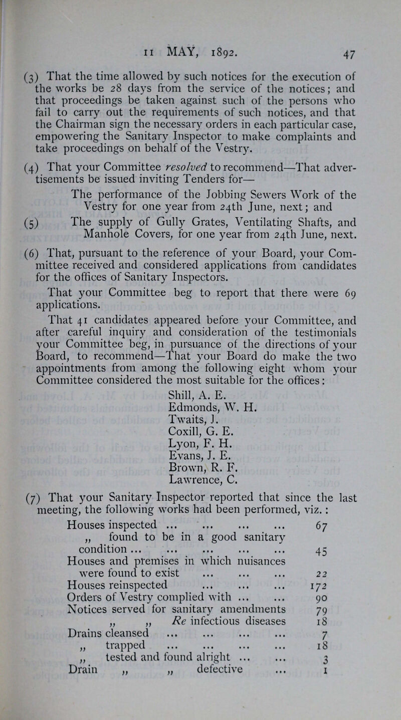 11 MAY, 1892. 47 (3) That the time allowed by such notices for the execution of the works be 28 days from the service of the notices; and that proceedings be taken against such of the persons who fail to carry out the requirements of such notices, and that the Chairman sign the necessary orders in each particular case, empowering the Sanitary Inspector to make complaints and take proceedings on behalf of the Vestry. (4) That your Committee resolved to recommend—That adver tisements be issued inviting Tenders for— The performance of the Jobbing Sewers Work of the Vestry for one year from 24th June, next; and (5) The supply of Gully Grates, Ventilating Shafts, and Manhole Covers, for one year from 24th June, next. (6) That, pursuant to the reference of your Board, your Com mittee received and considered applications from candidates for the offices of Sanitary Inspectors. That your Committee beg to report that there were 69 applications. That 41 candidates appeared before your Committee, and after careful inquiry and consideration of the testimonials your Committee beg, in pursuance of the directions of your Board, to recommend—That your Board do make the two appointments from among the following eight whom your Committee considered the most suitable for the offices: Shill, A. E. Edmonds, W. H. Twaits, J. Coxill, G. E. Lyon, F. H. Evans, J. E. Brown, R. F. Lawrence, C. (7) That your Sanitary Inspector reported that since the last meeting, the following works had been performed, viz.: Houses inspected 67 „ found to be in a good sanitary condition Houses and premises in which nuisances were found to exist 22 Houses reinspected 172 Orders of Vestry complied with 90 Notices served for sanitary amendments 79 „ „ Re infectious diseases 18 Drains cleansed 7 „ trapped 18 „ tested and found alright 3 Drain „ „ defective 1