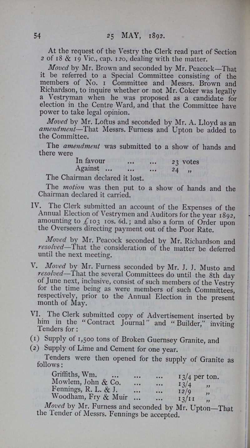 54 25 MAY, 1892. At the request of the Vestry the Clerk read part of Section 2 of 18 & 19 Vic., cap. 120, dealing with the matter. Moved by Mr. Brown and seconded by Mr. Peacock—That it be referred to a Special Committee consisting of the members of No. 1 Committee and Messrs. Brown and Richardson, to inquire whether or not Mr. Coker was legally a Vestryman when he was proposed as a candidate for election in the Centre Ward, and that the Committee have power to take legal opinion. Moved by Mr. Loftus and seconded by Mr. A. Lloyd as an amendment—That Messrs. Furness and Upton be added to the Committee. The amendment was submitted to a show of hands and there were In favour 23 votes Against 24 „ The Chairman declared it lost. The motion was then put to a show of hands and the Chairman declared it carried. IV. The Clerk submitted an account of the Expenses of the Annual Election of Vestrymen and Auditors for the year 1892, amounting to £103 10s. 6d.; and also a form of Order upon the Overseers directing payment out of the Poor Rate. Moved by Mr. Peacock seconded by Mr. Richardson and resolved—That the consideration of the matter be deferred until the next meeting. V. Moved by Mr. Furness seconded by Mr. J. J. Musto and resolved—That the several Committees do until the 8th day of June next, inclusive, consist of such members of the Vestry for the time being as were members of such Committees, respectively, prior to the Annual Election in the present month of May. VI. The Clerk submitted copy of Advertisement inserted by him in the Contract Journal and Builder, inviting Tenders for : (1) Supply of 1,500 tons of Broken Guernsey Granite, and (2) Supply of Lime and Cement for one year. Tenders were then opened for the supply of Granite as follows: Griffiths, Wm. 13/4 per ton. Mowlem, John & Co. 13/4 „ Fennings, R. L. & J. 12/9 „ Woodham, Fry & Muir 13/11 „ Moved by Mr. Furness and seconded by Mr. Upton—That the Tender of Messrs. Fennings be accepted.