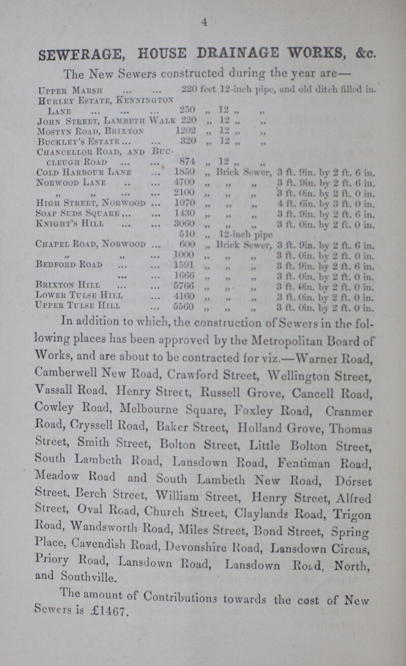 4 SEWERAGE, HOUSE DRAINAGE WORKS, &c. The New Sewers constructed during the year are— Upper Marsh 220 feet 12-inch pipe, and old ditch filled in. Hurley Estate, Kennington Lane 250 „ 12 „ JonN Street, Lambeth Walk 220 „ 12 „ „ Mostyn Road, Brixton 1202 „ 12 „ „ Buckley's Estate 320 „ 12 „ „ cnancellor road, and BUC cleugh Road 874 „ 12 „ „ Cold Harbour Lane 1850 „ Brick Sewer, 3 ft. Oin. by 2 ft. 6 in. Norwood Lane 4700 „ „ „ 3 It. '.'in. by 2 ft. 6 in. „ „ „ 2100 „ „ „ 3 ft. Oin. by 2 ft. 0 in. Hion Street, Norwood 1070 „ ,, „ 4 ft.. Gin. by 3 it. 0 in. Soap Suds Square 1430 „ „ „ 3 ft. Oin. by 2 ft. 6 in. Knight's Hill 3060 „ „ „ 3 ft. Oin. by 2 ft. 0 in. 510 „ 12-inch pipe Chapel Road, Norwood 600 „ Brick Sewer, 3 ft. 9in. by 2 ft. 6 in. „ „ 1 000 „ „ „ 3 ft. 0in. by 2 ft. 0 in. Bedford Road 1591 „ „ „ 3 ft. 0in. by 2 ft. 6 in. 1666 „ „ „ 3 ft. 0in. by 2 ft. 0 in. Brixton Hill 5766 „ „ „ 8 ft. 0in. by 2 ft. 0 in. Lower Tulse Hill 4160 „ „ „ 3 ft. 0in. by 2 ft. 0 in. Upper Tulse Hill 5560 „ „ „ 3 ft. 0in. by 2 ft. 0 in. In addition to which, the construction of Sewcis in the fol lowing places has been approved by the Metropolitan Board of Works, and are about to be contractcd for viz.—Warner Itoad, Camberwell New Road, Crawford Street, Wellington Street, Vassall Road. Henry Street, Russell Grove, Cancell Road, Cowley Road, Melbourne Square, Foxley Road, Cranmer Road, Cryssell Road, Baker Street, Holland Grove, 'l homas Street, Smith Street, Bolton Street, Little Bolton Street, South Lambeth Road, Lansdown Road, Fentiman Road, Meadow Road and South Lambeth New Road, Dorset Street. Berch Street, William Street, Henry Street, Alfred Street, Oval Road, Church Street, Claylands Road, Trigon Road, Wandsworth Road, Miles Street, Bond Street, Spring Place, Cavendish Road, Devonshire Road, Lansdown Circus, 1 riory Road, Lansdown Road, Lansdown Roud, North, and Southville. 1 lie amount of Contributions towards the cost of New Sewers is £1467.