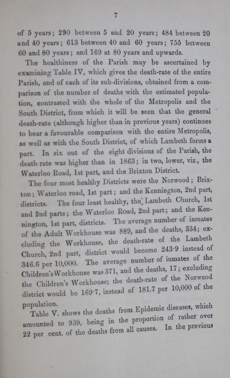 7 of 5 years; 290 between 5 and 20 years; 484 between 20 and 40 years; 613 between 40 and 60 years; 755 between 60 and 80 years; and 169 at 80 years and upwards. 1 he healthiness of the Parish may be ascertained by examining Table IV, which gives the death-rate of the entire 1 arish, and of cach of its sub-divisions, obtained from a com parison of the number of deaths with the estimated popula tion, contrasted with the whole of the Metropolis and the South District, from which it will be seen that the general death-rate (although higher than in previous years) continues to bear a favourable comparison with the entire Metropolis, as well as with the South District, of which Lambeth forms a part. In six out of the eight divisions of the Parish, the death rate was higher than in 1863; in two, lower, viz., the Waterloo lioad, 1st part, and the Brixton District. The four most healthy Districts were the Norwood ; Brix ton; Waterloo road, 1st part; and the Kennington, 2nd part, districts. The four least healthy, the, Lambeth Church, 1st and 2nd parts; the Waterloo Koad, 2nd part; and the Ken ninjfton, 1st part, districts. 1 He average number of inmates of the Adult Workhouse was 889, and the deaths, 334; ex cluding the Workhouse, the death-rate of the Lambeth Church, 2nd pari, district would become 243*9 instead of 346.6 per 10,000. The average number of inmates of the Children's Workhouse was 371, and the deaths, 17; excluding the Children's Workhouse; the death-rate of the Norwood district would be 169 7, instead of 181.7 per 10,000 of the population. > Table V. shows the deaths from Epidemic diseases, which amounted to 939, being in the proportion of rather over 22 per cent, of the deaths from all causes. In the previous