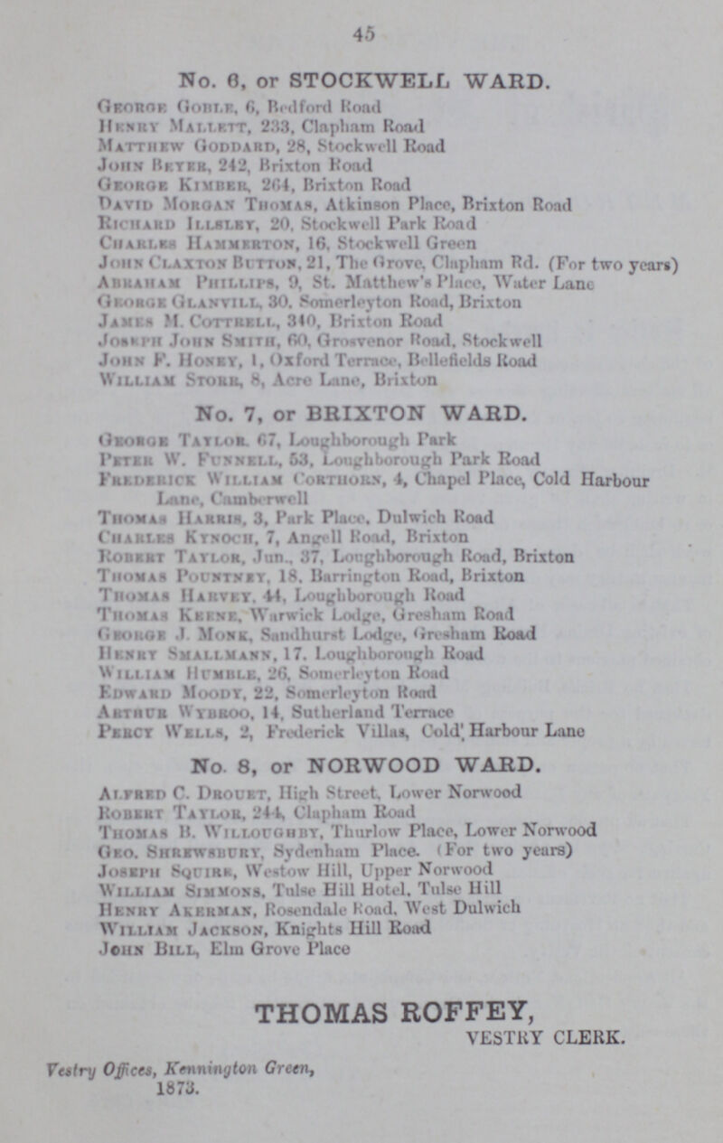 45 No. 6, or STOCKWELL WARD. Georoe Goble, 6, Bedford Road Henry Mallett, 233. Clapham Road Matthew Goddard, 28, Stock well Road John Beyer, 242, Brixton Road George Kimber, 264, Brixton Road David Morgan Thomas, Atkinson Place, Brixton Road Richard Illsley, 20. Stockwell Park Road Charles Hammerton, 16. Stockwell Green John Claxton Button. 21, The Grove, Clapham Rd. (For two years) Abraham Phillips, 9, St. Matthew's Place, Water Lane George Glanvill. 30. Somerleyton Road, Brixton Jamls M. Cottreli, 340, Brixton Road Joseph John Smith, 60, Grosvenor Road. Stockwell John F. Honey, 1, Oxford Terrace, Bellefields Road William Storr, 8, Acre Lane, Brixton No. 7, or BRIXTON WARD. Geobge Taylor. 07, Loughborough Park Peter W. Funnel, 53, Loughborough Park Road Frederick William Corthorn, 4, Chapel Place, Cold Harbour Lane, Camberwell Thomas Harris, 3, Park Place, Dulwich Road Charles Kynoch, 7, Angell Road, Brixton Robert Taylor, Jun., 37, Loughborough Rood, Brixton Thomas Pountney 18. Harrington Road, Brixton Thomas Harvey. -14, Loughborough Road Thomas Keene. Warwick Lodge, Grcsham Road George .1 More, Sandhurst Lodge, Gresham Road Henry Smallmann, 17. Loughborough Road William Humble, 26, Somerleyton Road Edward Moody, 22, Somerleyton Rood Artrur Wybroo, 14 Sutherland terrace Percy Wells, 2, Frederick Villas, Cold'Harbour Lane No. 8, or NORWOOD WARD. Alfred C. Drouet, High Street Lower Norwood Robert Taylor, 24 I, Clapham Road Thomas B. Willoughby, Thurlow Place, Lower Norwood Geo. Shrewsbury, Sydenham Place. (For two years) Joseph Westow Hill, Upper Norwood William Simmons, Tulse Hill Hotel. Tulse Hill Henry Akerman, Rosendale Road. West Dulwich William Jackson, Knights Hill Road John Bill, Elm Grove Place THOMAS ROFFEY, VESTRY CLERK. Vet try Offices, Kenning ton Green, 1873.