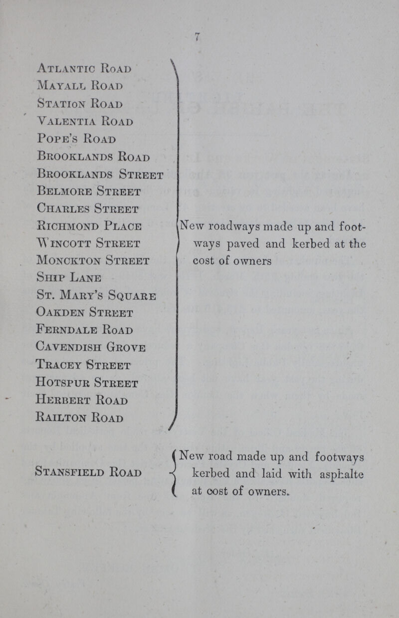7 Atlantic Road Mayall Road Station Road Valentia Road Pope's Road Brooklands Road Brooklands Street Belmore Street Charles Street Richmond Place Wincott Street Monckton Street Ship Lane St. Mary's Square Oakden Street Ferndale Road Cavendish Grove Tracey Street Hotspur Street Herbert Road Railton Road Stansfield Road New roadways made up and foot ways paved and kerbed at the cost of owners New road made up and footways kerbed and laid with asphalte at cost of owners.