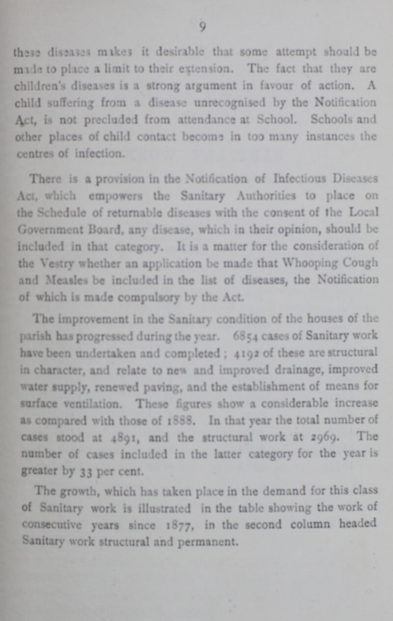9 these diseases mikei it desirable that some attempt should be mi 1« to piicc a limit to their extension. The fact that they are children's diseases is a strong argument in favour of action. A child suffering from a disease unrecognised by the Notification i\t t, is not precluded from attendance at School. Schools anil other places of child contact become in too miny instances the centres of infection. There is a provision in the Notification of Infectious Diseases Act, which em{>owcrs the Sanitary Authorities to place on the Schedule of returnable diseases with the consent of the Local Government Board, any disease, which in their opinion, should be included in that category. It is a matter for the consideration of the Vestry whether an application be made that Whooping Cough and Measles be included in the list of diseases, the Notification of which is made compulsory by the Act The improvement in the Sanitary condition of the houses of the parish has progressed during the year. 6854 cases of Sanitary work have been undertaken and completed ; 4192 of these arc structural in character, and relate to ne* and improved drainage, improved water supply, renewed paving, and the establishment of means for surface ventilation. These figures show a considerable increase as compared with those of 1888. In that year the total number of cases stood at 4891, and the structural work at 2969. The number of cases included in the latter category for the year is greater by 33 per cent. The growth, which has taken place in the demand for this class of Sanitary work is illustrated in the table showing the work of consecutive years since 1877, 'n l^c second column headed Sanitary work structural and permanent.