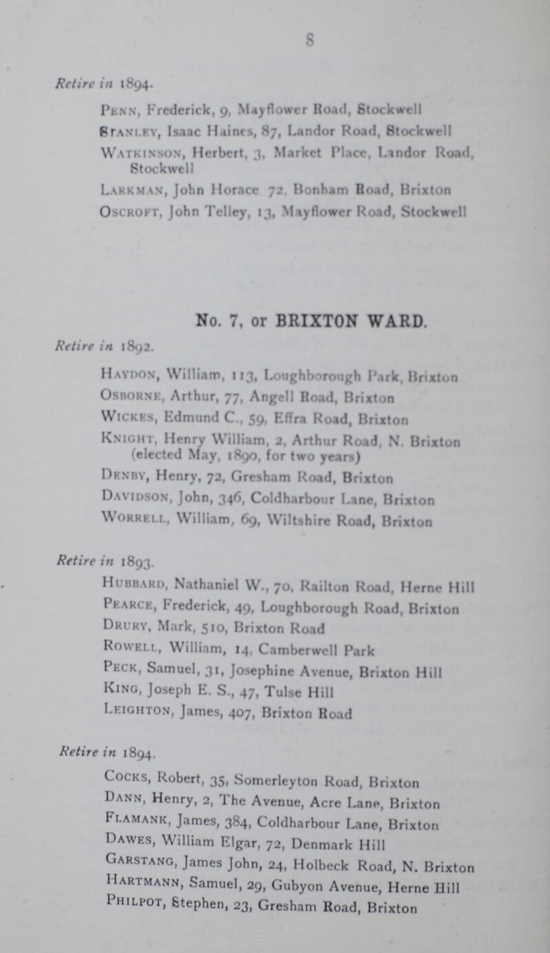 8 Retire in 1894. Penn, Frederick, 9, Mayflower Road, Stockwell Stanley, Isaac Haints, 87, Landor Road, Stockwell Watkinson, Herbert, 3, Market Place, Landor Road, Stockwell Larkman, John Horace 72. Bonham Boad, Brixton Oscroft, John Telley, 13, Mayflower Road, Stockwell No. 7, or BRIXTON WARD. Retire in 1892. Haydon, William, 113, Loughborough Park, Brixton Osborne, Arthur, 77, Angell Road, Brixton Wickes, Edmund C., 59, Effra Road, Brixton Knight, Henry William, 2. Arthur Road, N. Brixton (elected May, 1890, for two years) Denby, Henry, 72, Gresham Road, Brixton Davidson, John, 346, Coldharbour Lane, Brixton Worrell, William, 69, Wiltshire Road, Brixton Retire in 1893. Hubbard, Nathaniel W., 70. Railton Road, Herne Hill Pearce, Frederick, 49, Loughborough Road, Brixton Drury, Mark, 510, Brixton Road Rowell., William, 14, Camberwell Park Peck, Samuel, 31, Josephine Avenue, Brixton Hill King, Joseph E. S., 47, Tulse Hill Leighton, James, 407, Brixton Road Retire in 1894. Cocks, Robert, 35, Somerleyton Road, Brixton Dann, Henry, 2, The Avenue, Acre Lane, Brixton Flamank, James, 384, Coldharbour Lane, Brixton Dawes, William Elgar, 72, Denmark Hill Garstang, James John, 24, Holbeck Road, N. Brixton Hartmann, Samuel, 29, Gubyon Avenue, Heme Hill Philpot, Stephen, 23, Gresham Road, Brixton