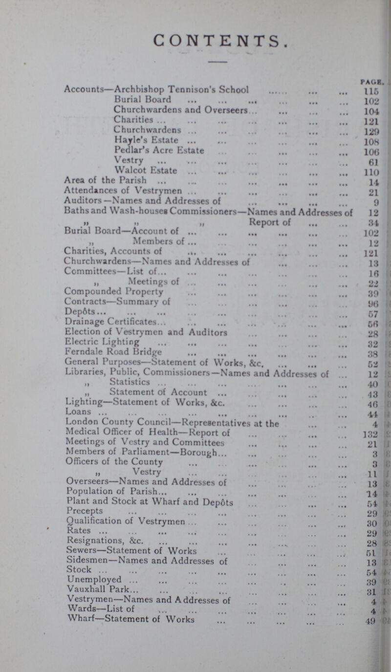 CONTENTS page. Accounts—Archbishop Tennison's School 116 Bun&l Board 102 Churchwardens and Overseers 104 Charities 121 Churchwardens 129 Hayle's Estate 108 Pedlar's Acre Estate 106 Vestry 61 Walcot Estate 11O Area of the Parish 14 Attendances of Vestrymen 21 Auditors—Names and Addresses of 9 Baths and Wash-houses Commissioners—Names and Addresses of 12 „ „ „ Report of 34 Burial Board—Account of 102 „ Members of 12 Charities, Accounts of 121 Churchwardens—Names and Addresses of 13 Committees—List of 16 „ Meetings of 22 Compounded Property 39 Contracts—Summary of 96 DepÔts 57 Drainage Certificates 56 Election of Vestrymen and Auditors 28 Electric Lighting 32 Ferndale Road Bridge 38 General Purposes—Statement of Works, &c 52 Libraries, Public, Commissioners—Names and Addresses of 12 „ Statistics 40 „ Statement of Account 43 Lighting—Statement of Works, &c. 46 Loans 44 London County Council— Representatives at the 4 Medical Officer of Health—Report of 132 Meetings of Vestry and Committees 21 Members of Parliament—Borough 3 Officers of the County 3 „ Vestry 11 Overseers—Names and Addresses of 13 Population of Parish 14 Plant and Stock at Wharf and DepÔts 54 Precepts 29 Qualification of Vestrymen 30 Rates 29 Resignations, &c. 28 Sewers—Statement of Works 51 Sidesmen—Names and Addresses of 13 Stock 54 Unemployed 39 Vauxhall Park 31 Vestrymen—Names and Addresses of 4 Wards—List of 4 Wharf—Statement of Works 49