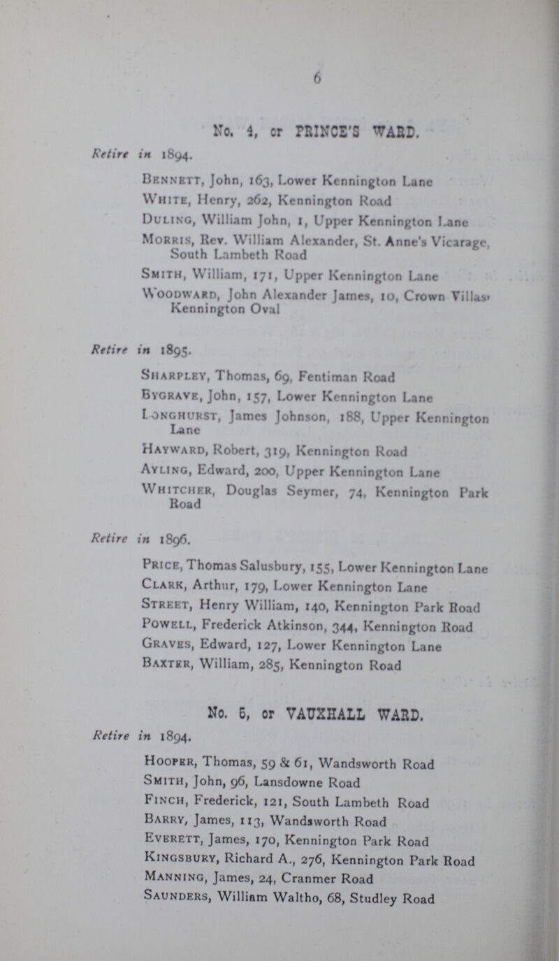 6 No. 4, or PRINCE'S WARD. Retire in 1894. Bennett, John, 163, Lower Kennington Lane White, Henry, 262, Kennington Road Duling, William John, 1, Upper Kennington Lane Morris, Rev. William Alexander, St. Anne's Vicarage, South Lambeth Road Smith, William, 171, Upper Kennington Lane Woodward, John Alexander James, 10, Crown Villas Kennington Oval Retire in 1895. Sharpley, Thomas, 69, Fentiman Road Bygrave, John, 157, Lower Kennington Lane Longhurst, James Johnson, 188, Upper Kennington Lane Hayward, Robert, 319, Kennington Road Ayling, Edward, 200, Upper Kennington Lane Whitcher, Douglas Seymer, 74, Kennington Park Road Retire in 1896. Price, Thomas Salusbury, 155, Lower Kennington Lane Clark, Arthur, 179, Lower Kennington Lane Street, Henry William, 140, Kennington Park Road Powell, Frederick Atkinson, 344, Kennington Road Graves, Edward, 127, Lower Kennington Lane Baxter, William, 285, Kennington Road No. 5 or VAUXHALL WARD. Retire in 1894. Hooper, Thomas, 59 & 61, Wandsworth Road Smith, John, 96, Lansdowne Road Finch, Frederick, 121, South Lambeth Road Barry, James, 113, Wandsworth Road Everett, James, 170, Kennington Park Road Kingsbury, Richard A., 276, Kennington Park Road Manning, James, 24, Cranmer Road Saunders, William Waltho, 68, Studley Road