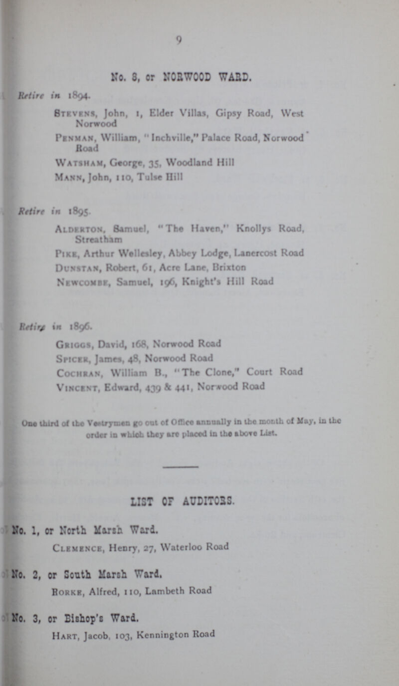 9 No. 8, or NORWOOD WARD. Retire in 1894. Stevens, John, 1, Elder Villas, Gipsy Road, West Norwood Penman, William,  Inchville, Palace Road, Norwood Road Watsham, George, 35, Woodland Hill Mann, John, 1 io, TuUe Hill Retire im 1895. Aldkrton. Samuel, The Haven, Knollys Road, Streatham Pike, Arthur Wellesley, Abbey Lodge, Lanercost Road Dunstan, Robert, 61, Acre Lane, Brixton Newcombe, Samuel, 196, Knight's Hill Road Retir/ in 1896. Griggs, David, 168, Norwood Road SriCER, James, 48, Norwood Road Cochean, William B., The Clone, Court Road Vincbnt, Edward, 439 St 441, Norwood Road One third 0f the Vetryman go out of Office annually In the month of May, in the order in which They are placed in the above List. LIST Of AUDITCRS. No. 1, or North Marsh Ward. Clemence, Henry, 27, Waterloo Road No. 2, or South March Ward. Rorke, Alfred, no, Lambeth Road No. 3, or Bishop's Ward. Hart, Jacob, 103, Kennington Road