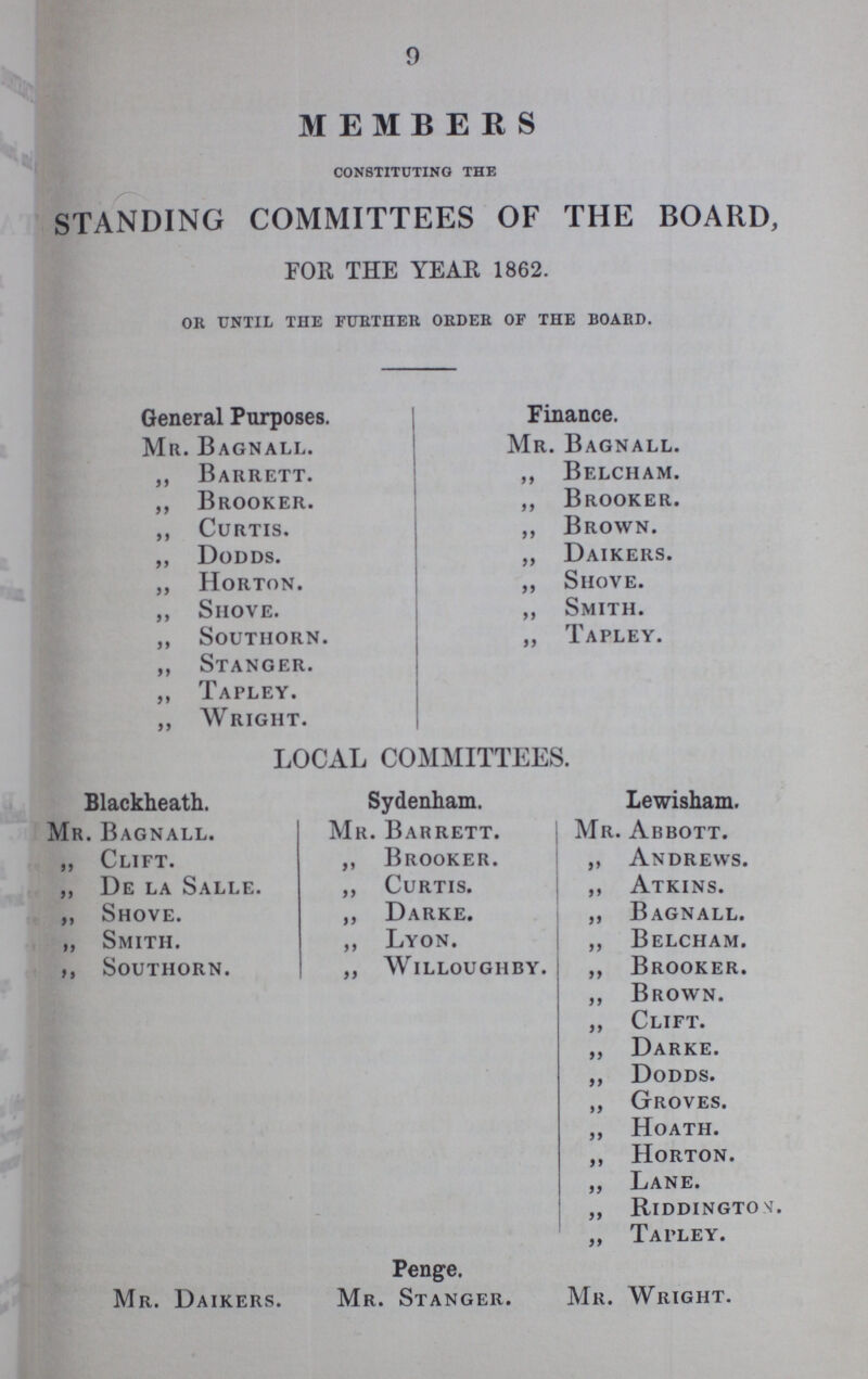 9 MEMBERS constituting the STANDING COMMITTEES OF THE BOARD, FOR THE YEAR 1862. OR UNTIL THE FURTHER, ORDER OF THE BOARD. General Purposes. Mr. Bagnall. ,, Barrett. „ Brooker. ,, Curtis. „ Dodds. „ Horton. ,, Shove. ,, Southorn. ,, Stanger. ,, Tapley. ,, Wright. LOCAL COMMITTEES. Finance. Mr. Bagnall. „ Belcham. ,, Brooker. ,, Brown. „ Daikers. ,, Shove. ,, Smith. ,, Tapley. Blackheath. Mr. Bagnall. „ Clift. ,, De la Salle. „ Shove. ,, Smith. ,, Southorn. Sydenham. Mr. Barrett. ,, Brooker. ,, Curtis. ,, Darke. ,, Lyon. ,, Willoughby. Lewisham. Mr. Abbott. ,, Andrews. ,, Atkins. ,, Bagnall. ,, Belcham. ,, Brooker. ,, Brown. ,, Clift. „ Darke. ,, Dodds. „ Groves. ,, Hoath. ,, Horton. „ Lane. „ Riddington. „ Tapley. Penge. Mr. Daikers. Mr. Stanger. Mr. Wright.