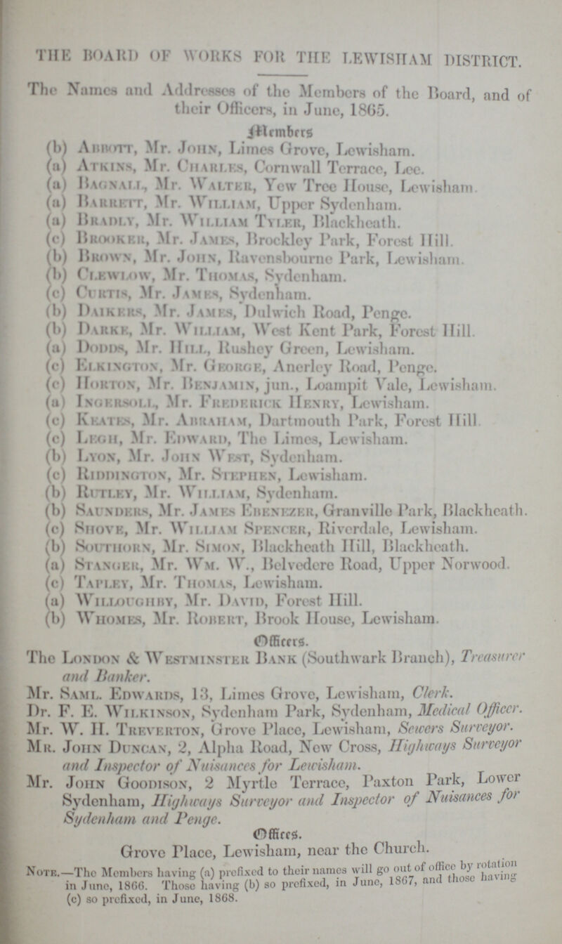THE BOARD OF WORKS FOR THE LEWISHAM DISTRICT. The Names and Addresses of the Members of the Board, and of their Officers, in June, 1865. Members (b) Abbott, Mr. John, Limes Grove, Lewisham. (a) Atkins, Mr. Charles, Cornwall Terrace, Lee. (a) Bagnall, Mr. Walter, Yew Tree House, Lewisham. (a) Barrett, Mr. William, Upper Sydenham. (a) Bradly, Mr. William Tyler, Blackheath. (c) Brookbr, Mr. James, Brockley Park, Forest Hill. (b) Brown, Mr. John, Ravensbourno Park, Lewisham. (b) Clewlow, Mr. Thomas, Sydenham. (c) Curtis, Mr. Jamks, Sydenliam. (b) Daikkrs, Mr. Jamis, Dulwich Road, Penge. (b) Darke, Mr. William, West Kent Park, Forest Hill. (a) Dodds, Mr. Hill, Rushey Green, Lewisham. (c) Ei.kington, Mr. George, Anerley Road, Penge. (c) Morton, Mr. Benjamin, jun., Loampit Yale, Lewisham. (a) Inoersoll, Mr. Frederick Henry, Lewisham. (e) Keatks, Mr. Aiiraham, Dartmouth Park, Forest Ilill. (c) Legh, Mr. Edward, The Limes, Lewisham. (b) Lyon, Mr. John West, Sydenham. (c) Riddington, Mr. Stephen, lewisham. (b) Rutley, Mr. William, Sydenham. (b) Saunders, Mr. James Ebenezer, Granville Park, Blackheath. (c) Shove, Mr. William Spencer, Rivcrdale, Lewisham. (b) Southorn, Mr. Simon, Blackheath Ilill, Blackheath. (a) Stanger, Mr. Wm. W., Belvedere Road, Upper Norwood. (c) Tapi.ey, Mr. Thomas, Lewisham. (a) Willoughby, Mr. David, Forest Hill. (b) Whomes, Mr. Robert, Brook House, Lewisham. Officers. The London & Westminster Bank (Southwark Branch), Treasurer and Hanker. Mr. Sami. Edwards, 13, Limes Grove, Lewisham, Clerk. Dr. F. E. Wilkinson, Sydenham Park, Sydenham, Medical Officer. Mr. W. H. Trf.verton, Grove Place, Lewisham, Sewers Surveyor. Mr. John Duncan, 2, Alpha Road, New Cross, Highways Surveyor and Inspector of Nuisances for Lewisham. Mr. John Goodison, 2 Myrtle Terrace, Paxton Park, Lower Sydenham, Highways Surveyor and Inspector of Nuisances for Sydenham and Penge. Officers. Grove Place, Lewisham, near the Church. Note.—The Members having (a) prefixed to their names will go out of office by rotation in June, 1866. Those having (b) so prefixed, in June, 1867, and those having (c) so prefixed, in June, 1868.