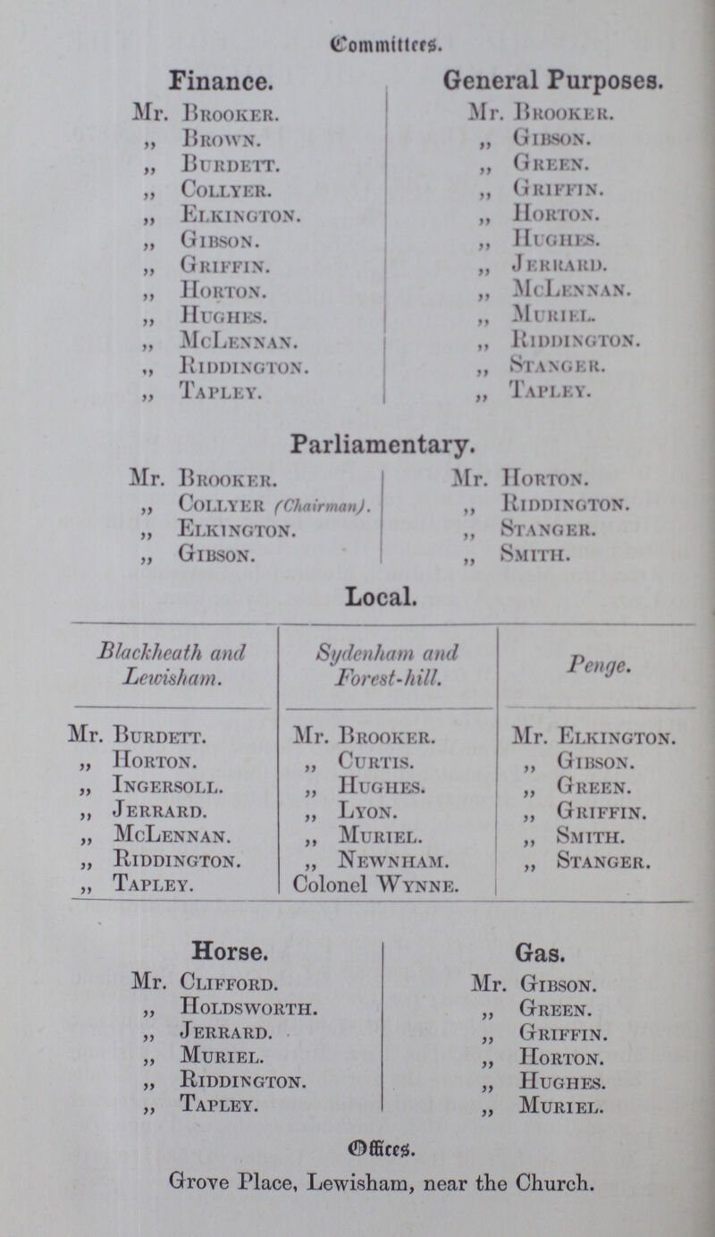 Committers. Finance. Mr. Brooker. „ Brown. „ Burdett. „ CoLLYER. „ Elkington. „ Gibson. „ Griffin. „ Horton. „ Hughes. „ McLennan. „ Riddington. „ Tapley. General Purposes. Mr. Brooker. „ Gibson. „ Green. „ Griffin. „ Horton. „ Hughes. „ Jerkard. „ McLennan. „ Muriel. „ Riddington. „ Stanger. „ Tapley. Parliamentary. Mr. Brooker. collyer (Chairman). „ Elkington. „ Gibson. Mr. Horton. „ Riddington. „ Stanger. „ Smith. Local. Blackhcath and Lewisham. Sydenham and Forest-hill. Penge. Mr. Burdett. Mr. Brooker. Mr. Elkington. „ Horton. „ Curtis. „ Gibson. „ Ingersoll. „ Hughes. „ Green. ,, Jerrard. „ Lyon. „ Griffin. „ McLennan. ,, Muriel. ,, Smith. „ Riddington. „ Newnham. Colonel Wynne. „ Stanger. „ Tapley. Horse. Mr. Clifford. „ Holdsworth. „ Jerrard. „ Muriel. „ Riddington. „ Tapley. Gas. Mr. Gibson. „ Green. „ Griffin. „ Horton. „ Hughes. „ Muriel. Offices Grove Place, Lewisham, near the Church.