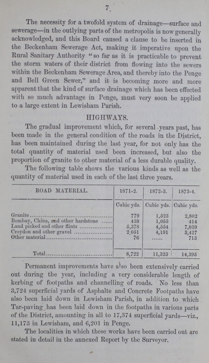 7 The necessity for a twofold system of drainage—surface and sewerage—in the outlying parts of the metropolis is now generally acknowledged, and this Board caused a clause to be inserted in the Beckenham Sewerage Act, making it imperative upon the Rural Sanitary Authority  so far as it is practicable to prevent the storm waters of their district from flowing into the sewers within the Beckenham Sewerage Area, and thereby into the Penge and Bell Green Sewer, and it is becoming more and more apparent that the kind of surface drainage which has been effected with so much advantage in Penge, must very soon be applied to a large extent in Lewisham Parish. HIGHWAYS. The gradual improvement which, for several years past, has been made in the general condition of the roads in the District, has been maintained during the last year, for not only has the total quantity of material used been increased, but also the proportion of granite to other material of a less durable quality. The following table shows the various kinds as well as the quantity of material used in each of the last three years. ROAD MATERIAL. 1871-2. 1872-3. 1873-4. Cubic yds. Cubic yds. Cubic yds. Granite 779 1,523 2,802 Bombay, China, and other hardstone 438 1,055 414 Land picked and other flints 6,378 4,554 7,039 Croydon and other gravel 2 051 4,191 3,427 Other material 76 713 Total 8,722 11,323 14,395 Permanent improvements have also been extensively carried out during the year, including a very considerable length of kerbing of footpaths and channelling of roads. No less than 3,724 superficial yards of Asphalte and Concrete Footpaths have also been laid down in Lewisham Parish, in addition to which Tar-paving has been laid down in the footpaths in various parts of the District, amounting in all to 17,374 superficial yards—viz., 11,173 in Lewisham, and 6,201 in Penge. The localities in which these works have been carried out are stated in detail in the annexed Report by the Surveyor.