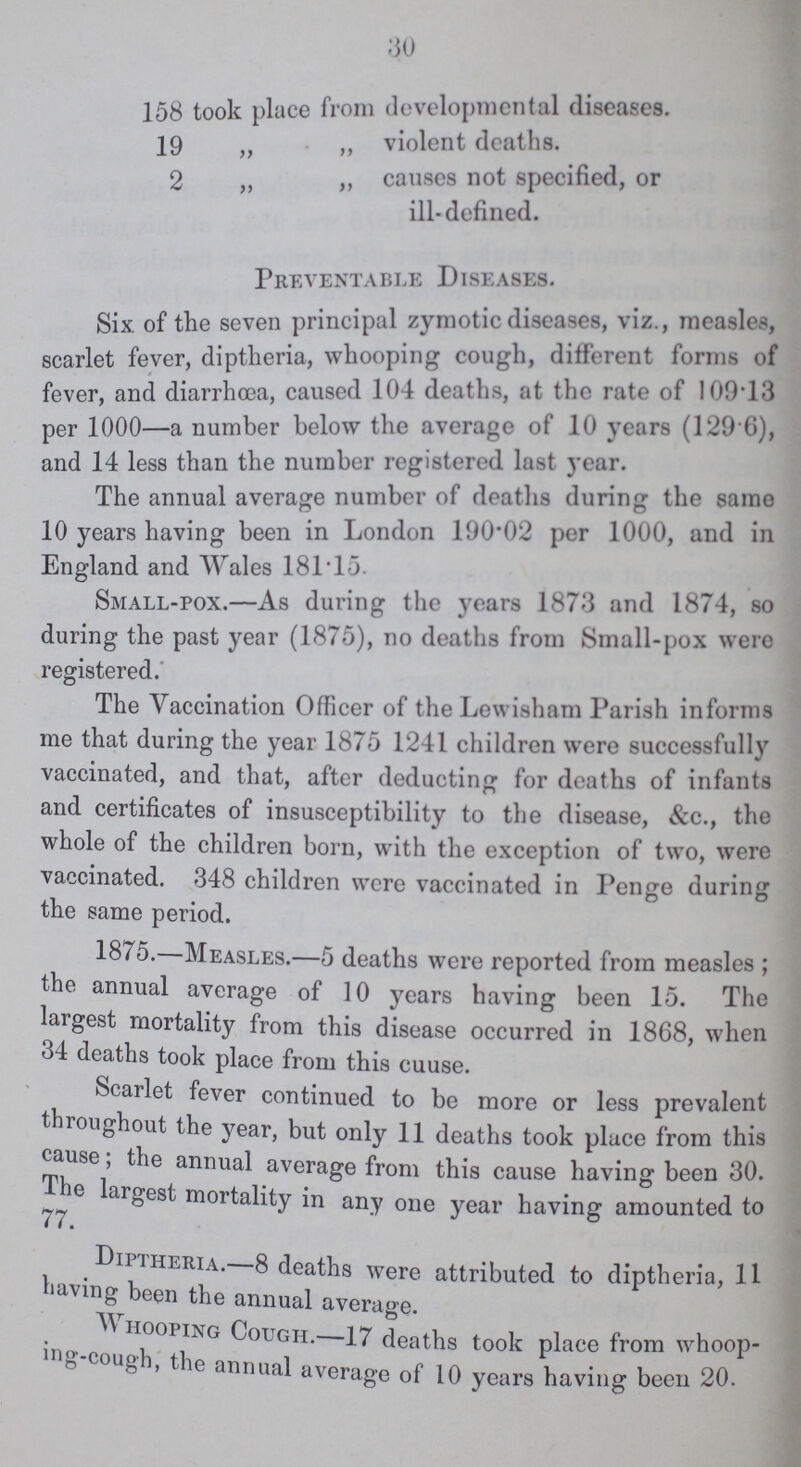 30 158 took place from developmental diseases. 29 „ violent deaths. 2 „ causes not specified, or ill-defined. Preventable Diseases. Six. of the seven principal zymotic diseases, viz., measles, scarlet fever, diptheria, whooping cough, different forms of fever, and diarrhoea, caused 104 deaths, at the rate of 109.13 per 1000—a number below the average of 10 years (129 6), and 14 less than the number registered last year. The annual average number of deaths during the same 10 years having been in London 190.02 per 1000, and in England and Wales 18115. Small-pox.—As during the years 1873 and 1874, so during the past year (1875), no deaths from Small-pox were registered. The Vaccination Officer of the Lewisham Parish informs me that during the year 1875 1241 children were successfully vaccinated, and that, after deducting for deaths of infants and certificates of insusceptibility to the disease, &c., the whole of the children born, with the exception of two, were vaccinated. 348 children were vaccinated in Penge during the same period. 1875.—Measles.—5 deaths were reported from measles ; the annual average of 10 years having been 15. The largest mortality from this disease occurred in 1868, when 34 deaths took place from this cuuse. Scarlet fever continued to be more or less prevalent throughout the year, but only 11 deaths took place from this cause; the annual average from this cause having been 30. The largest mortality in any one year having amounted to Diptheria. 8 deaths were attributed to diptheria, 11 having been the annual average. A\ hooping Cough.—17 deaths took place from whoop p cough, the annual average of 10 years having been 20.