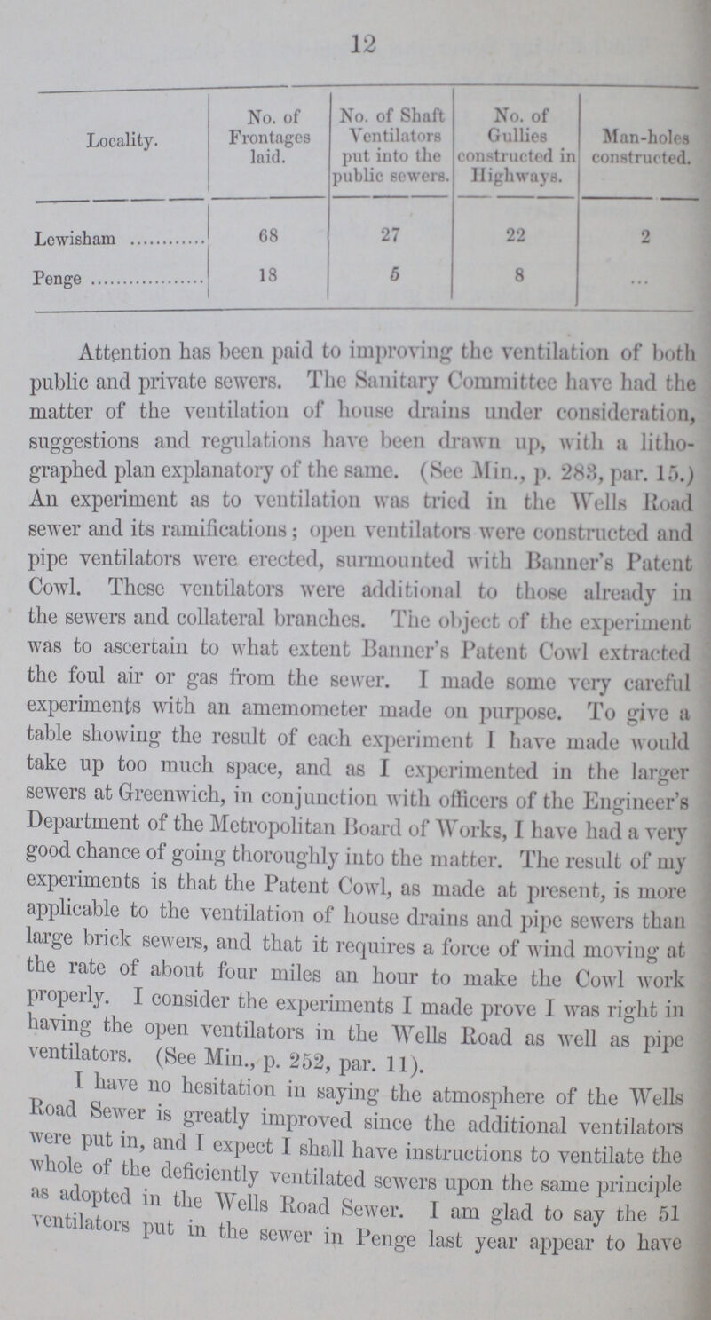 12 Locality. No. of Frontages laid. No. of Shaft Ventilators put into the public sewers. No. of Gullies constructed in Highways. Man-holes constructed. Lewisham 68 27 22 2 Penge 18 5 8 ... Attention has been paid to improving the ventilation of both public and private sewers. The Sanitary Committee have had the matter of the ventilation of house drains under consideration, suggestions and regulations have been drawn up, with a litho graphed plan explanatory of the same. (See Min., p. 283, par. 15.) An experiment as to ventilation was tried in the Wells Road sewer and its ramifications; open ventilators were constructed and pipe ventilators were erected, surmounted with Banner's Patent Cowl. These ventilators were additional to those already in the sewers and collateral branches. The object of the experiment was to ascertain to what extent Banner's Patent Cowl extracted the foul air or gas from the sewer. I made some very careful experiments with an amemometer made on purpose. To give a table showing the result of each experiment I have made would take up too much space, and as I experimented in the larger sewers at Greenwich, in conjunction with officers of the Engineer's Department of the Metropolitan Board of Works, I have had a very good chance of going thoroughly into the matter. The result of my experiments is that the Patent Cowl, as made at present, is more applicable to the ventilation of house drains and pipe sewers than large brick sewers, and that it requires a force of wind moving at the rate of about four miles an hour to make the Cowl work properly. I consider the experiments I made prove I was right in having the open ventilators in the Wells Road as well as pipe \ entilators. (See Min., p. 252, par. 11). I have no hesitation in saying the atmosphere of the Wells Road Sewer is greatly improved since the additional ventilators were put in, and I expect I shall have instructions to ventilate the whole of the deficiently ventilated sewers upon the same principle adopted in the Wells Road Sewer. I am glad to say the 51 ventilators put in the sewer in Penge last year appear to have