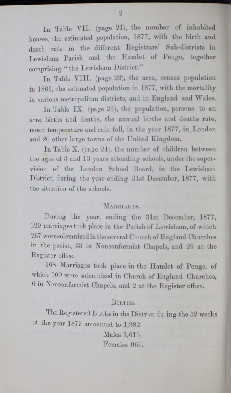 2 In Table VII. (page 21), the number of inhabited houses, the estimated population, 1877, with the birth and death rate in the different Registrars' Sub-districts in Lewisham Parish and the Hamlet of Penge, together comprising the Lewisham District. In Table VIII. (page 22), the area, census population in 18G1, the estimated population in 1877, with the mortality in various metropolitan districts, and in England and Wales. In Table IX. (page 23), the population, persons to an acre, births and deaths, the annual births and deaths rate, mean temperature and rain fall, in the year 1877, in London and 20 other large towns of the United Kingdom. In Table X. (page 24), the number of children between the ages of 3 and 13 years attending schools under the super vision of the London School Board, in the Lewisham District, during the year ending 31st December, 1877, with the situation of the schools. Marriages. During the year, ending the 31st December, 1877, 329 marriages took place in the Parish of Lewisham, of which 267 were solemnized in the several Church of England Churches in the parish, 33 in Nonconformist Chapels, and 29 at the Register office. 108 Marriages took place in the Hamlet of Penge, of which 100 were solemnized in Church of England Churches, 6 in Nonconformist Chapels, and 2 at the Register office. Births. The Registered Births in the District during the 52 weeks of the year 1877 amounted to 1,982. Males 1,016. Females 966.