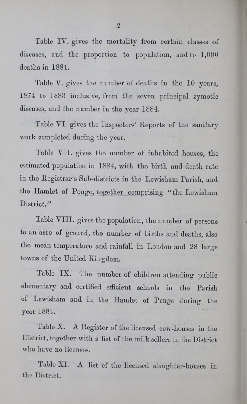 2 Table IV. gives the mortality from certain classes of diseases, and the proportion to population, and to 1,000 deaths in 1884. Table V. gives the number of deaths in the 10 years, 1874 to 1883 inclusive, from the seven principal zymotic diseases, and the number in the year 1884. Table VI. gives the Inspectors' Reports of the sanitary work completed during the year. Table VII. gives the number of inhabited houses, the estimated population in 1884, with the birth and death rate in the Registrar's Sub-districts in the Lewisham Parish, and the Hamlet of Penge, together comprising the Lewisham District. Table VIII. gives the population, the number of persons to an acre of ground, the number of births and deaths, also the mean temperature and rainfall in London and 28 large towns of the United Kingdom. Table IX. The number of children attending public elementary and certified efficient schools in the Parish of Lewisham and in the Hamlet of Penge during the year 1884. Table X. A Register of the licensed cow-houses in the District, together with a list of the milk sellers in the District who have no licenses. Table XI. A list of the licensed slaughter-houses in the District.