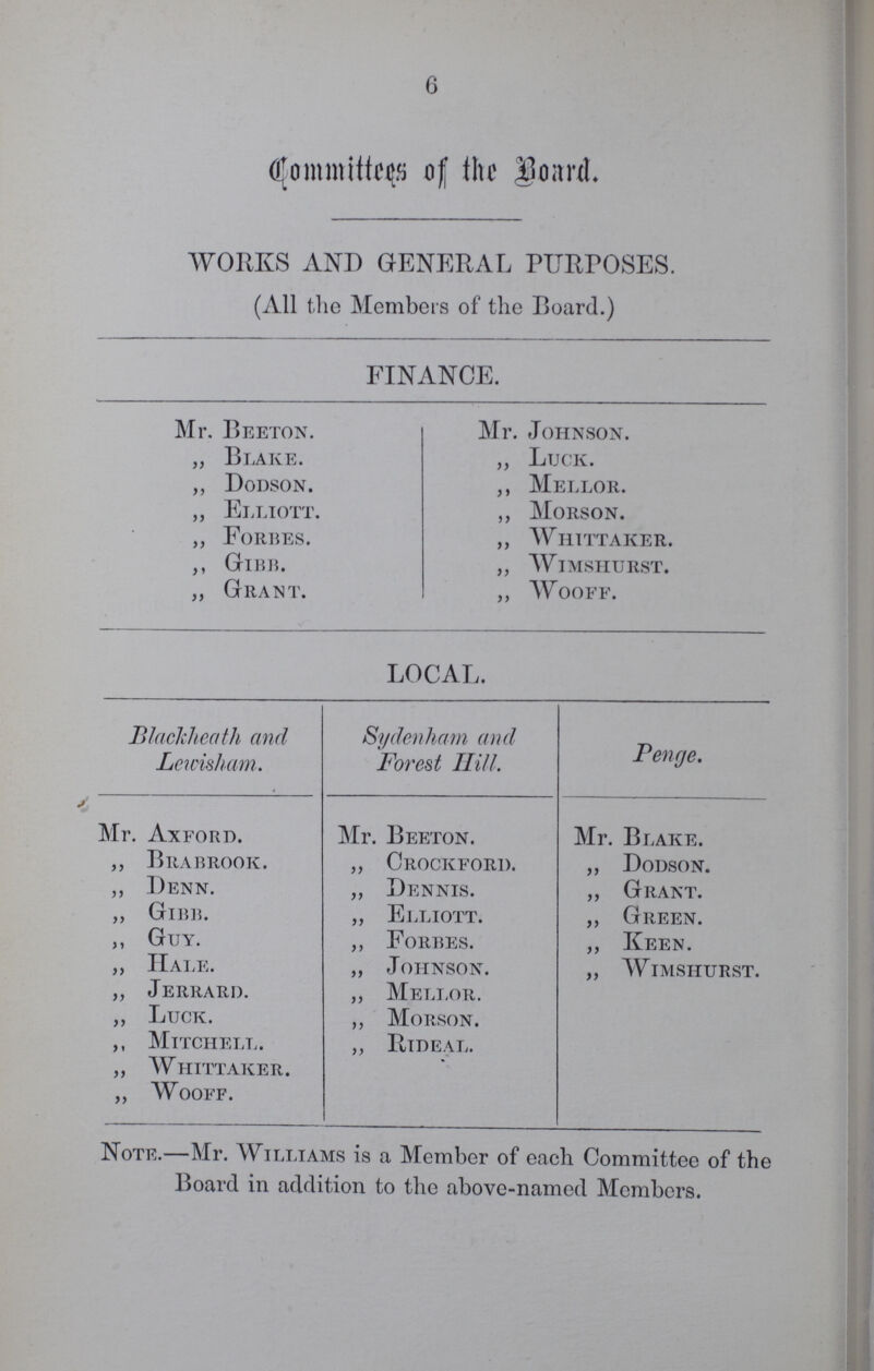 6 Committees of the Board. WORKS AND GENERAL PURPOSES. (All the Members of the Board.) FINANCE. Mr. Beeton. Mr. Johnson. „ Blake. „ Luck. „ Dodson. „ Mellor. „ Elliott. „ Morson. „ Forbes. „ Whittaker. „ Gibb. „ wlmshurst. „ Gramt. ,, wooff. LOCAL. Blackheath and Lewisham. Sydenham and Forest Hill Penge. Mr. Axford. Mr. Beeton. Mr. Blake. „ Brabrook. „ Crockford. „ Dodson. „ Denn. „ Dennis. „ Grant. „ Gibb. „ Elliott. „ Green. „ Guy. „ Forbes. „ Keen. „ Hale. „ Johnson. „ Wimshurst. „ Jerrard. „ Mellor. „ Luck. „ Morson. „ Mitchell. „ Rideal. „ Whittaker. „ Wooff. Note.—Mr. Williams is a Member of each Committee of the Board in addition to the above-named Members.