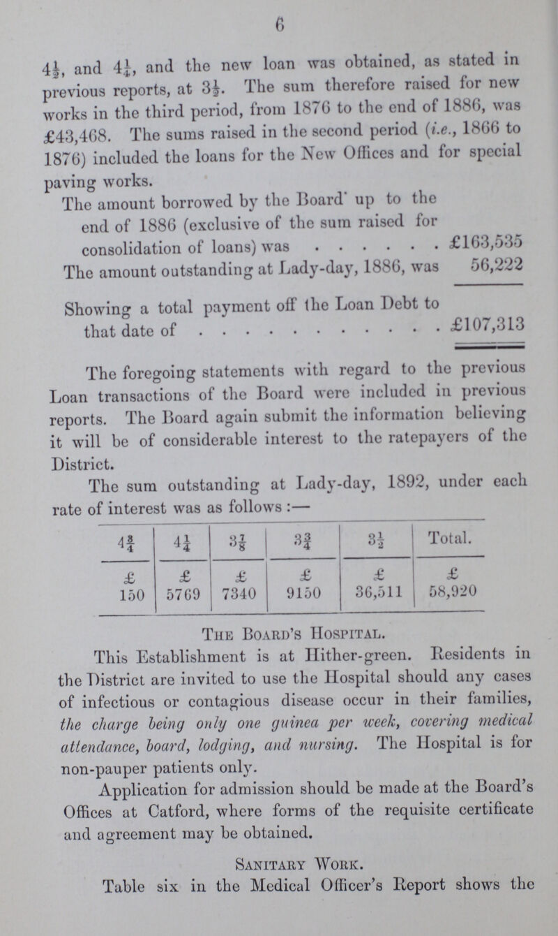 6 4½, and 4¼, and the new loan was obtained, as stated in previous reports, at 3½. The sum therefore raised for new works in the third period, from 1876 to the end of 1886, was £43,468. The sums raised in the second period (i.e., 1866 to 1876) included the loans for the New Offices and for special paving works. The amount borrowed by the Board up to the end of 1886 (exclusive of the sum raised for consolidation of loans) was £163,535 The amount outstanding at Lady-day, 1886, was 56,222 Showing a total payment off the Loan Debt to that date of £107,313 The foregoing statements with regard to the previous Loan transactions of the Board were included in previous reports. The Board again submit the information believing it will be of considerable interest to the ratepayers of the District. The sum outstanding at Lady-day, 1892, under each rate of interest was as follows:— 4¾ 4¼ 3 7/8 3¾ 3½ Total. £ £ £ £ £ £ 150 5769 7340 9150 36,511 58,920 The Board's Hospital. This Establishment is at Hither-green. Residents in the District are invited to use the Hospital should any cases of infectious or contagious disease occur in their families, the charge being only one guinea per week, covering medical attendance, board, lodging, and nursing. The Hospital is for non-pauper patients only. Application for admission should be made at the Board's Offices at Catford, where forms of the requisite certificate and agreement may be obtained. Sanitary Work. Table six in the Medical Officer's Report shows the