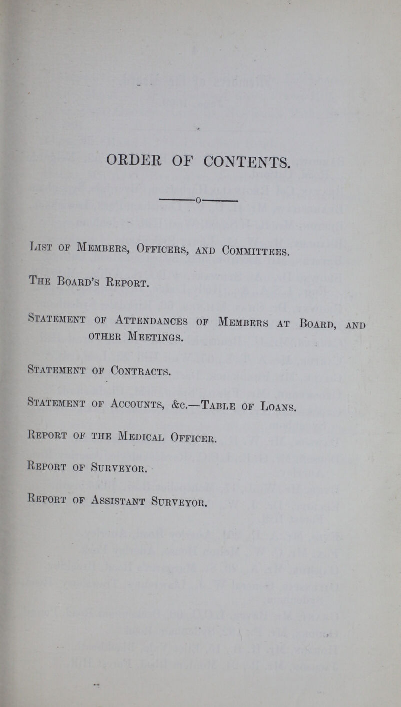 ORDER OF CONTENTS. List of Members, Officers, and Committees. The Board's Report. Statement of Attendances of Members at Board, and other Meetings. Statement of Contracts. Statement of Accounts, &c.—Table of Loans. Report of the Medical Officer. Report of Surveyor. Report of Assistant Surveyor.
