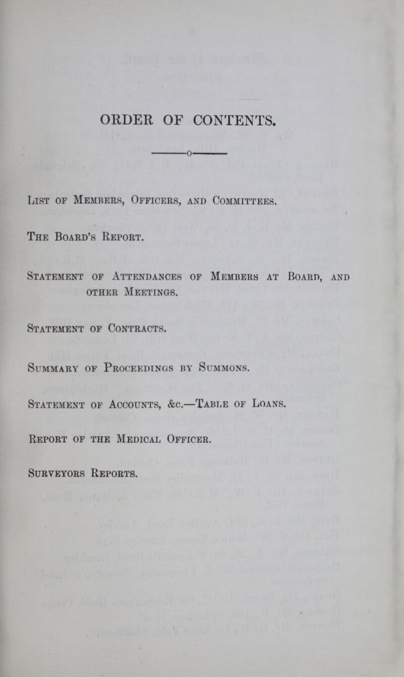 ORDER OF CONTENTS. List of Members, Officers, and Committees. The Board's Report. Statement of Attendances of Members at Board, and other Meetings. Statement of Contracts. Summary of Proceedings by Summons. Statement of Accounts, &c.—Table of Loans. Report of the Medical Officer. Surveyors Reports.
