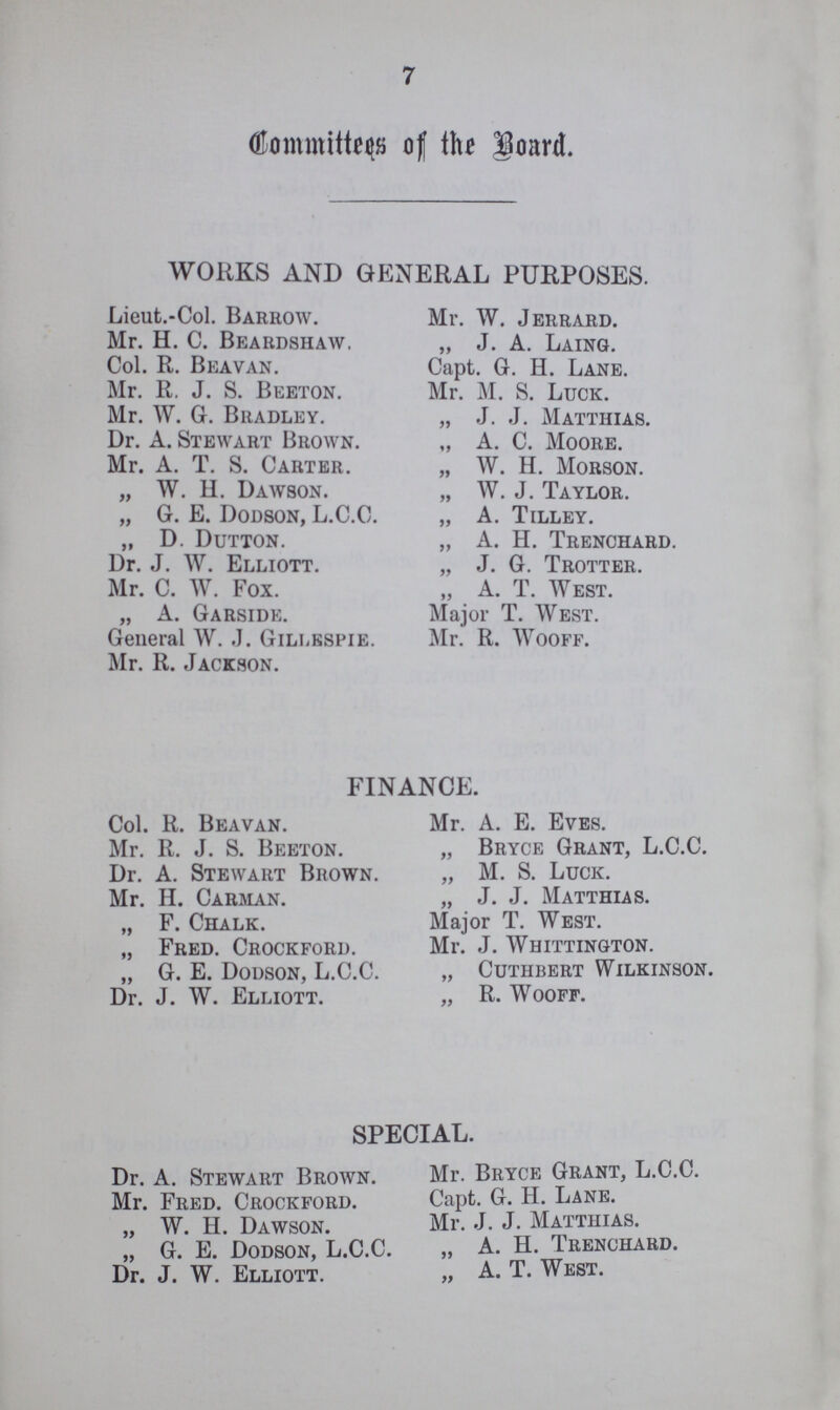 7 Committees of the Board. WORKS AND GENERAL PURPOSES. Lieut.-Col. Barrow. Mr. H. C. Beardshaw. Col. R. Beavan. Mr. R, J. S. Beeton. Mr. W. G. Bradley. Dr. A. Stewart Brown. Mr. A. T. S. Carter. „ W. H. Dawson. „ G. E. Dodson, L.C.C. „ D. Dutton. Dr. J. W. Elliott. Mr. C. W. Fox. „ A. Garside. General W. J. Gillespie. Mr. R. Jackson. Mr. W. Jerrard. „ J. A. Laing. Capt. G. H. Lane. Mr. M. S. Luck. „ J. J. Matthias. „ A. C. Moore. „ W. H. Morson. „ W. J. Taylor. „ A. Tilley. „ A. H. Trenchard. „ J. G. Trotter. „ A. T. West. Major T. West. Mr. R. Wooff. FINANCE. Col. R. Beavan. Mr. R. J. S. Beeton. Dr. A. Stewart Brown. Mr. H. Carman. „ F. Chalk. „ Fred. Crockford. „ G. E. Dodson, L.C.C. Dr. J. W. Elliott. Mr. A. E. Eves. „ Bryce Grant, L.C.C. „ M. S. Luck. „ J. J. Matthias. Major T. West. Mr. J. Whittington. „ Cuthbert Wilkinson. „ R. Wooff. SPECIAL. Dr. A. Stewart Brown. Mr. Fred. Crockford. „ W. H. Dawson. „ G. E. Dodson, L.C.C. Dr. J. W. Elliott. Mr. Bryce Grant, L.C.C. Capt. G. H. Lane. Mr. J. J. Matthias. „ A. H. Trenchard. „ A. T. West.
