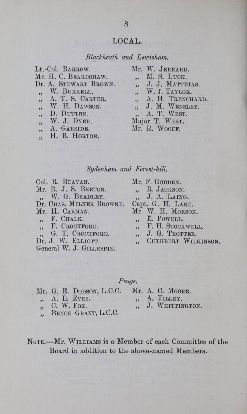 8 LOCAL. Blackheath and Lewisham. Lt.-Col. Barrow. Mr. H. C. Beardshaw. Dr. A. Stewart Brown. „ W. Burrell. „ A. T. S. Carter. „ W. H. Dawson. „ D. Dutton. „ W. J. Dyer. „ A. Garside. „ H. B. Horton. Mr. W. Jerrard. „ M. S. Luck. „ J. J. Matthias. „ W. J. Taylor. „ A. H. Trenohard. „ J. M. Wensley. „ A. T. West. Major T. West. Mr. R. Wooff. Sydenham and Forest-hill. Col. R. Beavan. Mr. R. J. S. Beeton. „ W. G. Bradley. Dr. Chas. Milner Browne. Mr. H. Carman. „ F. Chalk. „ F. Crockford. „ G. T. Crockford. Dr. J. W. Elliott. General W. J. Gillespie. Mr. F. Godden. „ R. Jackson. „ J. A. Laing. Capt. G. H. Lane. Mr. W. H. Morson. „ E. Powell. „ F. H. Stockwell. „ J. G. Trotter. „ Cuthbert Wilkinson. Penge. Mr. G. E. Dodson, L.C.C. Mr. A. C. Moore. „ A. E. Eves. „ A. Tilley. „ C. W. Fox. „ J. Whittington. „ Bryce Grant, L.C.C. Note.—Mr. Williams is a Member of each Committee of the Board in addition to the above-named Members.