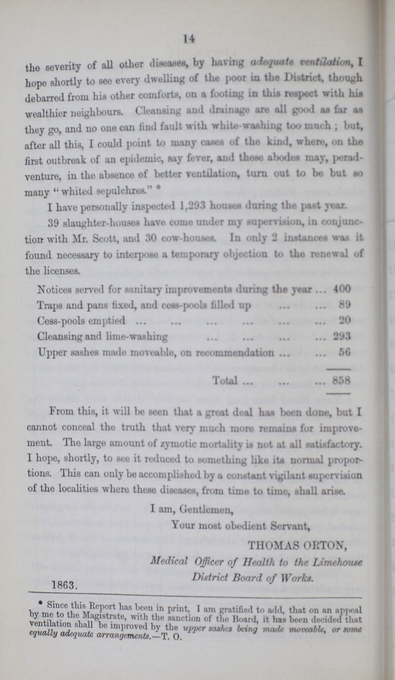 14 the severity of all other diseases, by having adequate ventilation, I hope shortly to see every dwelling of the poor in the District, though debarred from his other comforts, on a footing in this respect with his wealthier neighbours. Clausing and drainage are all good as far as they go, and no one can find fault with white-washing too much; but, after all this, I could point to many cases of the kind, where, on the first outbreak of an epidemic, say fever, and those abodes may, perad venture, in the absence of better ventilation, turn out to be but so many whited sepulchres. * I have personally inspected 1,203 houses during the past year. 39 slaughter-houses have come under my supervision, in conjunc tion with Mr. Scott, and 30 cow-houses In only 2 instances was it found necessary to interpose a temporary objection to the renewal of the licenses. Notices served for sanitary improvements during the year 400 Traps and pans fixed, and cess pools filled up Cess-pools emptied 20 Cleansing and lime-washing 293 Upper sashes made moveable, on recommendation 56 Total 858 From this, it will be seen that a great deal has been done, but I cannot conceal the truth that very much more remains for improve ment. The large amount of zymotic mortality is not at all satisfactory. I hope, shortly, to see it reduced to something like its normal propor tions. This can only be accomplished by constant vigilant supervision of the localities where these diseases, from time to time, shall arise. I am, Gentlemen, Your most obedient Servant, THOMAS ORTON, Medical Officer of Health to the Limehouse District Board of Works. 1863. • Since this Report has been in print, I am gratified to add, that on an appeal by me to the Magistrate, with the sanction of the Board, it has been decided that ventilation shall be improved by the upper sashes being made moveable, or some equally adequate arrangements.—T. 0.