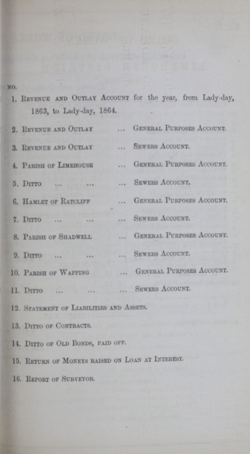 no. 1. Revenue and Outlay Account fur the year, from Lady-day, 1863, to Lady-day, 1864. 2. Revenue and Outlay General Purposes Account. 3. Revenue and Outlay Sewers Account. 4. Parish of Limehouse General Purposes Account. 5. Ditto Sewers Account. 6. Hamlet op Ratcliff General Purposes Account. 7. Ditto Sewers Account. 8. Parish op Shadwell General Purposes Account. 9. Ditto Sewers Account. 10. Parish of Wapping General Purposes Account. 11. Ditto Sewers Account. 12. Statement op Liabilities and Asset. 13. Ditto of Contracts. 14. Ditto of Old Bonds, paid off. 15. Return op Moneys raised on Loan at Interest. 16. Report of Surveyor.