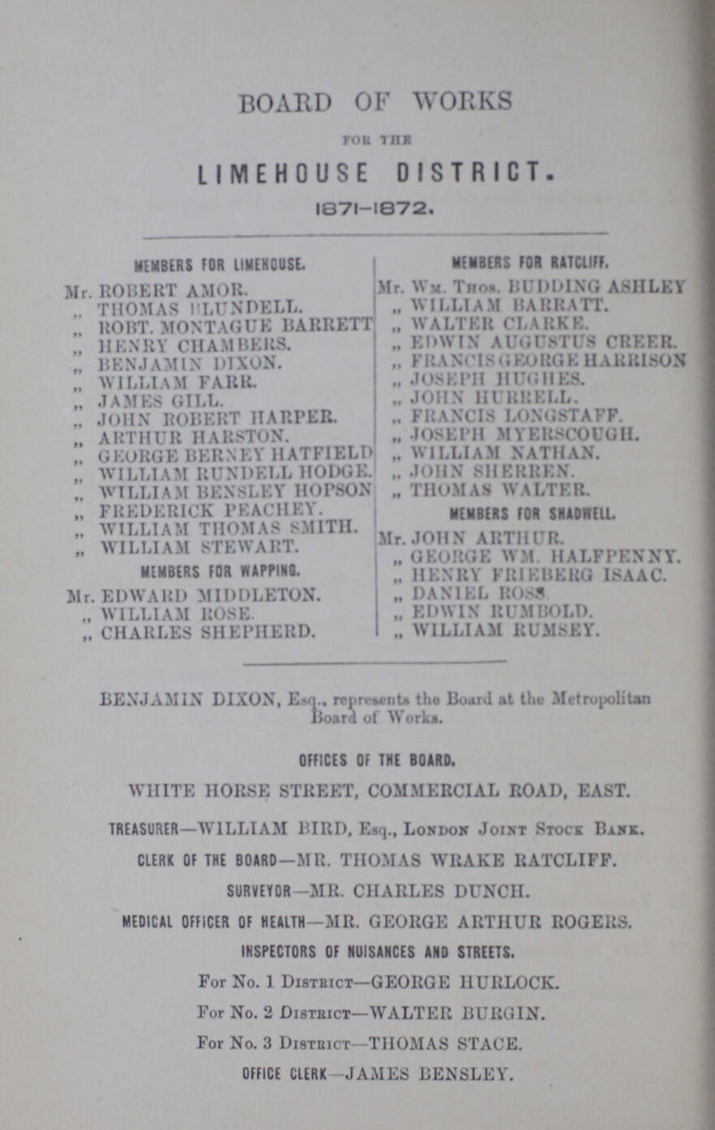 BOARD OF WORKS FOR THE LIMEHOUSE DISTRICT. 1871-1872. MEMBERS FOR LIMEHOUSE Mr. ROBERT AMOR. „THOMAS BLUNDELL. „ROBT. MONTAGUE BARRETT „HENRY CHAMBERS. „BENJAMIN DIXON. „ WILLIAM FARR. „JAMES GILL. „ JOHN ROBERT HARPER. „ARTHUR HARSTON. „GEORGE BERNKY HATFIELD „WILLIAM RUNDELL HODGE. „WILLIAM BENSLEY HOPSON ,, FREDERICK PEACHEY. „WILLIAM THOMAS SMITH. „ WILLIAM STEWART. MEMBERS FOR WAPPING. Mr. EDWARD MIDDLETON. „ WILLIAM ROSE „ CHARLES SHEPHERD. MEMBERS FOR RATCLIFF. Mr. Wm. Thos. BUDDING ASHLEY „ WILLIAM BARRATT. „ WALTER CLARKE. „ EDWIN AUGUSTUS CREER. „ FRANCIS GEORGE HARRISON „ JOSEPH HUGHES. „ JOHN HURRELL. „ FRANCIS LONGSTAFF. „ JOSEPH MYERSCOUGH. „ WILLIAM NATHAN. „ JOHN SHERREN. „ THOMAS WALTER. MEMBERS TOR SHADWILL. Mr. JOHN ARTHUR. „ GEORGE WM HALFPENNY. „ HENRY FRIEBERG ISAAC. „ DANIEL ROSS „ EDWIN RUMBOLD. „ WILLIAM RUMSEY. BENJAMIN DIXON, Esq. represents the Board at the Metropolitan Board of Works. OFFICES OF THE BOARD. WHITE HORSE STREET, COMMERCIAL ROAD, EAST. TREASURER—WILLIAM BIRD, Esq., London Joint Stock Bank. CLERK OF THE BOARD—MR. THOMAS WRAKE RATCLIFF. SURVEYOR-MR. CHARLES DUNCH. MEDICAL OFFICER OF HEALTH-MR. GEORGE ARTHUR ROGERS. INSPECTORS OF NUISANCES AND STREETS. For No. 1 Distbict—GEORGE HURLOCK. For No. 2 District—WALTER BURGIN. For No. 3 District—THOMAS STACE. OFFICE CLERK-JAMES BENSLEY.