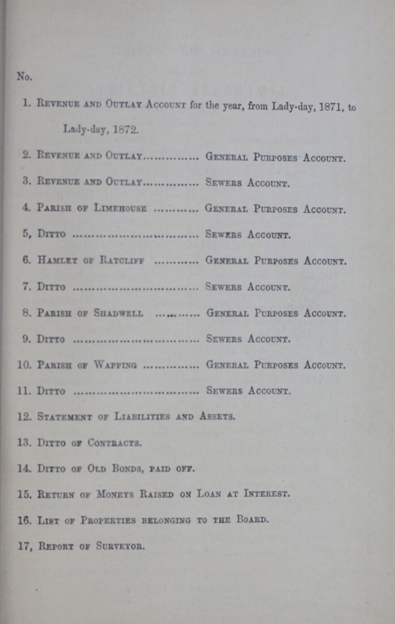 No. 1. Revenue and Outlay Account for the year, from Lady-day, 1871, to Lady-day, 1872. 2. Revenue and Outlay General Purposes Account. 3. Revenue and Outlay Sewers Account. 4. Parish op Limehouse General Purposes Account. 5. Ditto Sewers Account. 6. Hamlet of Ratcliff General Purposes Account. 7. Ditto Sewers Account. 8. Parish of Shadwell General Purposes Account. 9. Ditto Sewers Account. 10. Parish of Wapping General Purposes Account. 11. Ditto Sewers Account. 12. Statement of Liabilities and Assets. 13. Ditto of Contracts. 14. Ditto of Old Bonds, paid off. 15. Return of Moneys Raised on Loan at Interest. 16. List of Properties belonging to the Board. 17. Report of Surveyor.