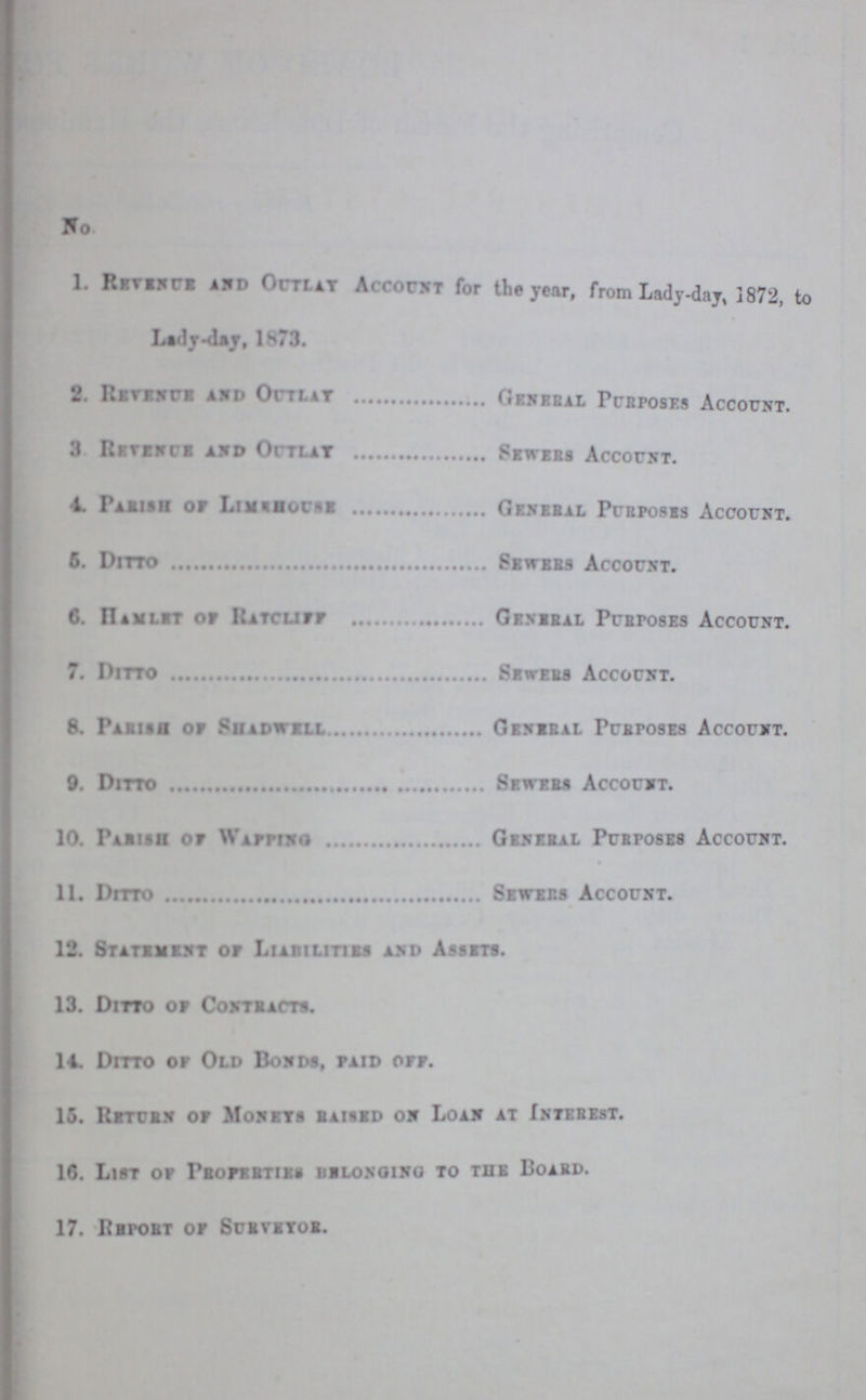 No. 1. Revenue and Outlay Account for the year, from Lady-day, 1872, to Lady-day, 1873. 2. Revenenue and Outlay General Purposes Account. 3 Revenue and Octlay Sewers Account. 4. Parish of Limehoues General Purposes Account. 6. Ditto Sewers Account. 6. Hamlet of Ratclify General Purposes Account. 7. Ditto Sewers Account. 8. Parish of Shadwell General. Purposes Account. 9. Ditto Sewers Account. 10.Parish of Wapping General Purposes Account. 11. Ditto Sewers Account. 12. Statement of Liabilities and Assets. 13. Ditto of Contracts. 14. Ditto of Old Bonds, paid off. 15. Return of Moneys raised on Loan at Interest. 16. List of Properties brlonging to the Board. 17. Report of Surveyor.