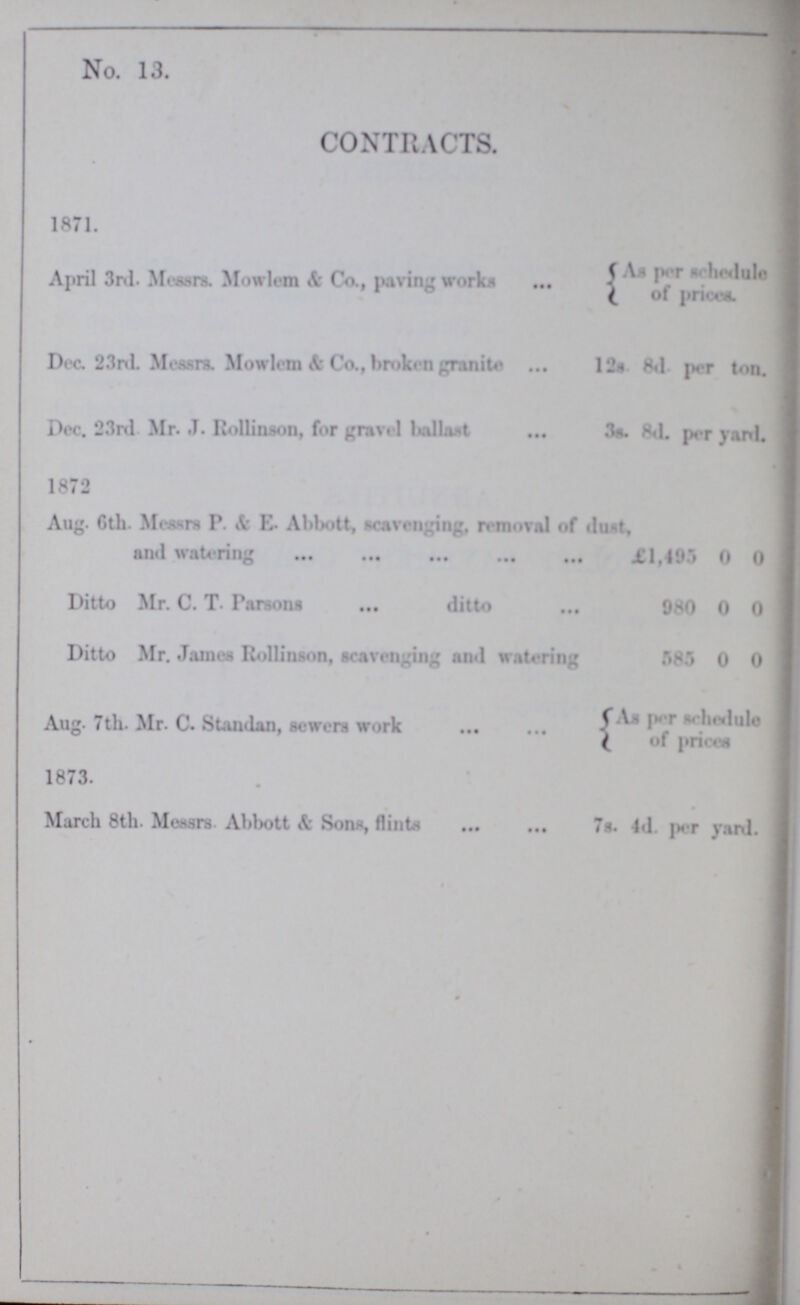 No. 13. CONTRACTS. April 3rd. Messrs. Mowlem & Co., paving works As per schedule of prices. Dec. 23rd. Messrs. Mowlem & Co., broken granite 12s. 8d. per ton. Dec. 23rd Mr. J. Rollinson, for gravel ballast 3s. 8d. per yard. 1872 Aug. 6th. Messrs P. & E. Abbott, scavenging, removal of dust, and watering £1,495 0 0 Ditto Mr. C. T. Parsons ditto 980 0 0 Ditto Mr. James Rollinson, scavenging and watering 585 0 0 Aug. 7th. Mr. C. Standan, sewers work As per schedule of prices 1873. March 8th. Messrs. Abbott & Sons, flints 7s. 4d. per yard.