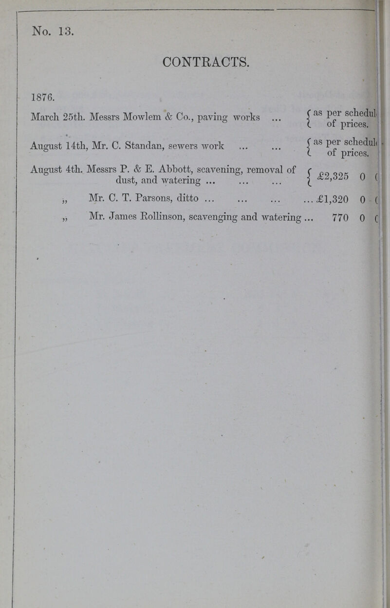 No. 13. CONTRACTS. 1876. March 25th. Messrs Mowlem & Co., paving works as per scheduls of prices. August 14th, Mr. C. Standan, sewers work as per scheduls of prices. August 4th. Messrs P. & E. Abbott, scavening, removal of dust, and watering £2,325 0 0 „ Mr. C. T. Parsons, ditto £1,320 0 0 „ Mr. James Rollinson, scavenging and watering 770 0 0