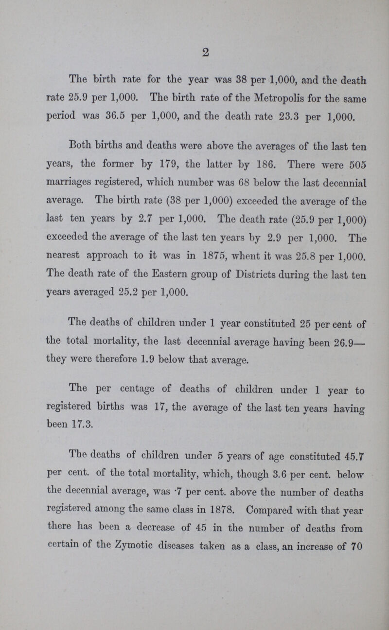 2 The birth rate for the year was 38 per 1,000, and the death rate 25.9 per 1,000. The birth rate of the Metropolis for the same period was 36.5 per 1,000, and the death rate 23.3 per 1,000. Both births and deaths were above the averages of the last ten years, the former by 179, the latter by 186. There were 505 marriages registered, which number was 68 below the last decennial average. The birth rate (38 per 1,000) exceeded the average of the last ten years by 2.7 per 1,000. The death rate (25.9 per 1,000) exceeded the average of the last ten years by 2.9 per 1,000. The nearest approach to it was in 1875, whent it was 25.8 per 1,000. The death rate of the Eastern group of Districts during the last ten years averaged 25.2 per 1,000. The deaths of children under 1 year constituted 25 per cent of the total mortality, the last decennial average having been 26.9— they were therefore 1.9 below that average. The per centage of deaths of children under 1 year to registered births was 17, the average of the last ten years having been 17.3. The deaths of children under 5 years of age constituted 45.7 per cent. of the total mortality, which, though 3.6 per cent. below the decennial average, was .7 per cent. above the number of deaths registered among the same class in 1878. Compared with that year there has been a decrease of 45 in the number of deaths from certain of the Zymotic diseases taken as a class, an increase of 70