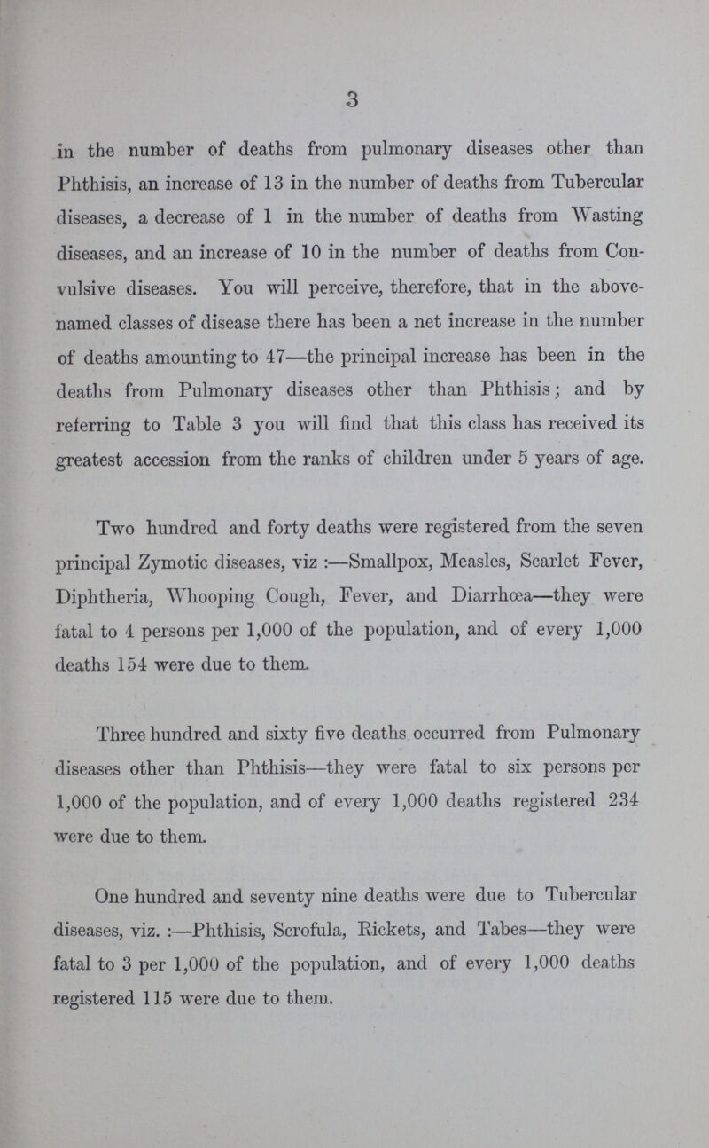 3 in the number of deaths from pulmonary diseases other than Phthisis, an increase of 13 in the number of deaths from Tubercular diseases, a decrease of 1 in the number of deaths from Wasting diseases, and an increase of 10 in the number of deaths from Con vulsive diseases. You will perceive, therefore, that in the above named classes of disease there has been a net increase in the number of deaths amounting to 47—the principal increase has been in the deaths from Pulmonary diseases other than Phthisis; and by referring to Table 3 you will find that this class has received its greatest accession from the ranks of children under 5 years of age. Two hundred and forty deaths were registered from the seven principal Zymotic diseases, viz :—Smallpox, Measles, Scarlet Fever, Diphtheria, Whooping Cough, Fever, and Diarrhoea—they were fatal to 4 persons per 1,000 of the population, and of every 1,000 deaths 154 were due to them Three hundred and sixty five deaths occurred from Pulmonary diseases other than Phthisis—they were fatal to six persons per 1,000 of the population, and of every 1,000 deaths registered 234 were due to them. One hundred and seventy nine deaths were due to Tubercular diseases, viz. :—Phthisis, Scrofula, Rickets, and Tabes—they were fatal to 3 per 1,000 of the population, and of every 1,000 deaths registered 115 were due to them.