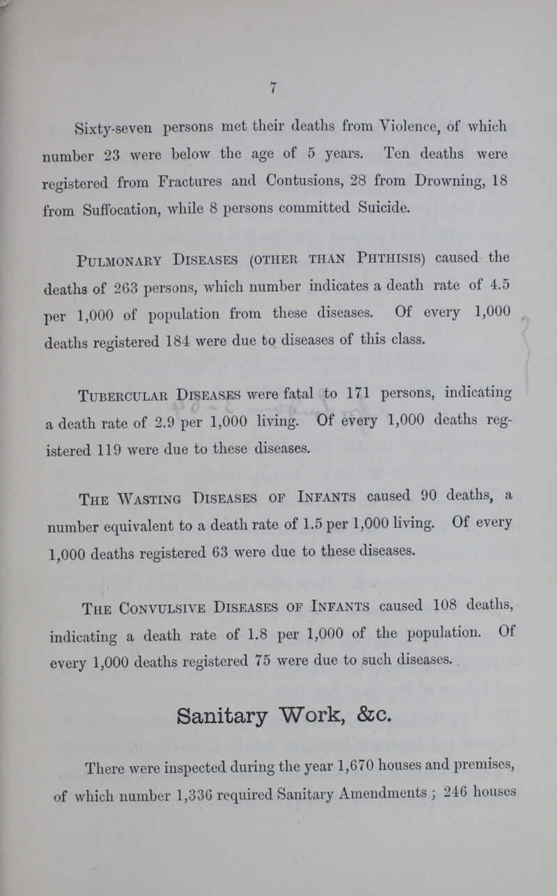 7 Sixty-seven persons met their deaths from Violence, of which number 23 were below the age of 5 years. Ten deaths were registered from Fractures and Contusions, 28 from Drowning, 18 from Suffocation, while 8 persons committed Suicide. Pulmonary Diseases (other than Phthisis) caused the deaths of 263 persons, which number indicates a death rate of 4.5 per 1,000 of population from these diseases. Of every 1,000 deaths registered 184 were due to diseases of this class. Tubercular Diseases were fatal to 171 persons, indicating a death rate of 2.9 per 1,000 living. Of every 1,000 deaths reg istered 119 were due to these diseases. The Wasting Diseases of Infants caused 90 deaths, a number equivalent to a death rate of 1.5 per 1,000 living. Of every 1,000 deaths registered 63 were due to these diseases. The Convulsive Diseases of Infants caused 108 deaths, indicating a death rate of 1.8 per 1,000 of the population. Of every 1,000 deaths registered 75 were due to such diseases. Sanitary Work, &c. There were inspected during the year 1,670 houses and premises, of which number 1,336 required Sanitary Amendments ; 246 houses