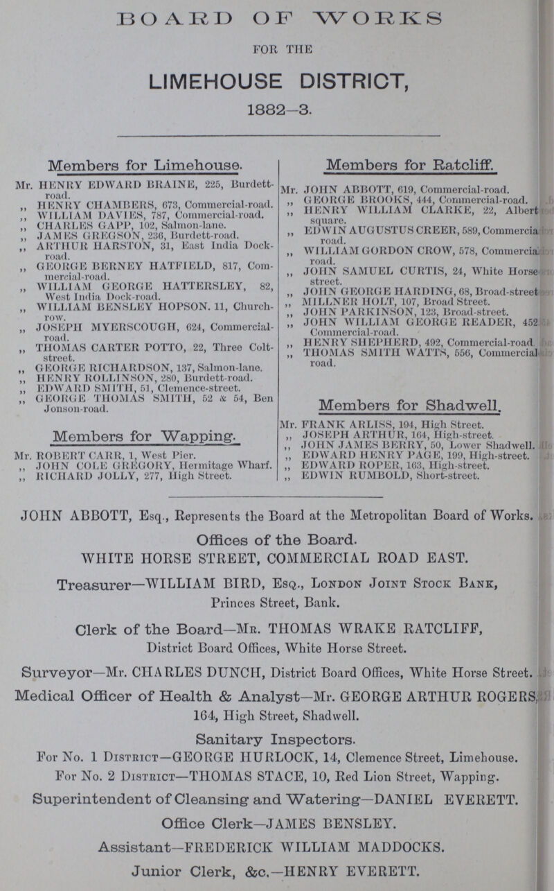 BOARD OF WORKS for the LIMEHOUSE DISTRICT, 1882-3. Members for Limehouse. Mr. HENRY EDWARD DRAINE, 225, Burdett road. „ HENRY CHAMBERS, 673, Commercial-road. „ WILLIAM DAVIES, 787, Commercial-road. „ CHARLES GAPP, 102, Salmon-lane. „ JAMES GREGSON, 230, Burdett-road. „ ARTHUR HARSTON, 31, East India Dock- „ GEORGE BERNEY HATFIELD, 817, Com mercial-road. „ WILLIAM GEORGE HATTERSLEY, 82, West India Dock-road. „ WILLIAM BENSLEY HOPSON. 11, Church row. „ JOSEPH MYERSCOUGH, 624, Commercial road. „ THOMAS CARTER POTTO, 22, Three Colt street. „ GEORGE RICHARDSON, 137, Salmon-lane. „ HENRY ROLLINSON, 280, Burdett-road. „ EDWARD SMITH, 51, Clemence-street. „ GEORGE THOMAS SMITH, 52 to 54, Ben Jonson-road. Members for Wapping. Mr. ROBERT CARR, 1, West Pier. „ JOHN COLE GREGORY, Hermitage Wharf. „ RICHARD JOLLY, 277, High Street. Members for Ratcliff. Mr. JOHN ABBOTT, 019, Commercial-road. „ GEORGE BROOKS, 444, Commercial-road. .. „ HENRY WILLIAM CLARKE, 22, Albert square. „ EDWIN AUGUSTUS CREER, 589, Commercia road. „ WILLIAM GORDON CROW, 578, Commercia road. „ JOHN SAMUEL CURTIS, 24, White Horse street. „ JOHN GEORGE HARDING, 08, Broad-street „ MILLNER HOLT, 107, Broad Street. „ JOHN PARKINSON, 123, Broad-street. „ JOHN WILLIAM GEORGE READER, 452 Commercial-road. „ HENRY SHEPHERD, 492, Commercial-road „ THOMAS SMITH WATTS, 556, Commercial road. Members for Shadwell. Mr. FRANK ARLISS, 194, High Street. „ JOSEPH ARTHUR, 104, High-street. „ JOHN JAMES BERRY, 50, Lower Shadwell. „ EDWARD HENRY PAGE, 199, High-street. „ EDWARD ROPER, 163, High-street. „ EDWIN RUMBOLD, Short-street. JOHN ABBOTT, Esq., Represents the Board at the Metropolitan Board of Works. Offices of the Board. WHITE HORSE STREET, COMMERCIAL ROAD EAST. Treasurer—WILLIAM BIRD, Esq., London Joint Stock Bank, Princes Street, Bank. Clerk of the Board-Mr. THOMAS WRAKE RATCLIFF, District Board Offices, White Horse Street. Surveyor—Mr. CHARLES DUNCH, District Board Offices, White Horse Street. Medical Officer of Health & Analyst-Mr. GEORGE ARTHUR ROGERS. 164, High Street, Shadwell. Sanitary Inspectors. For No. 1 District—GEORGE HURLOCK, 14, Clemence Street, Limehouse. For No. 2 District—THOMAS STACE, 10, Red Lion Street, Wapping. Superintendent of Cleansing and Watering—DANIEL EVERETT. Office Clerk—JAMES BENSLEY. Assistant-FREDERICK WILLIAM MADDOCKS. Junior Clerk, &c.-HENRY EVERETT.