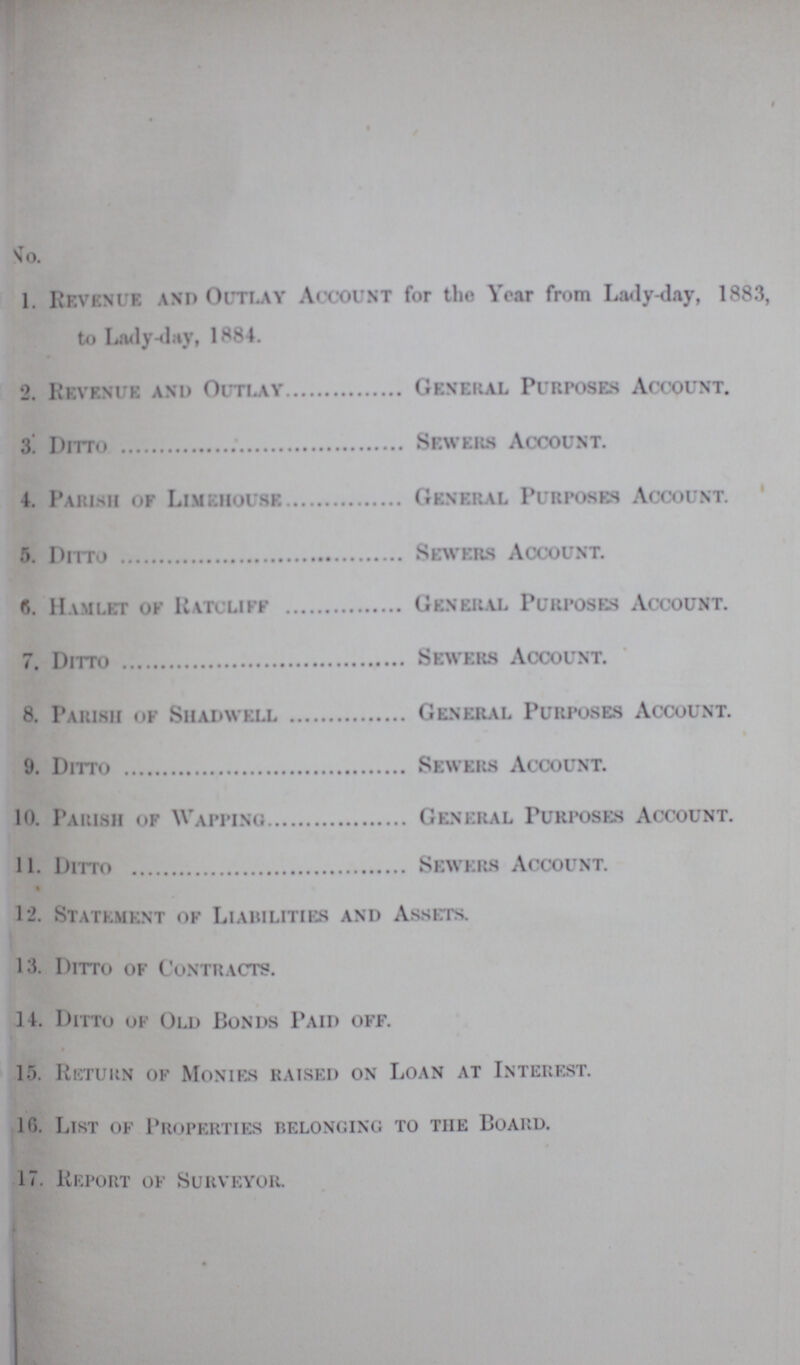 No.. 1. Revenue and Outlay Account for the Year from Lady-day, 1883, to Lady-day, 1884. 2. Revenue and Outlay General Purposes Account. 3. Ditto Sewers Account. 4. Parish of Limehouse General Purposes Account. 5. Ditto Sewers Account. 6. Hamlet of Ratcliff General Purposes Account. 7. Ditto Sewers Account. 8. Parish of Shadwell General Purposes Account. 9. Ditto Sewers Account. 10. Parish of Wapping General Purposes Account. 11. Ditto Sewers Account. 12. Statement of Liabilities and Assets. 13. Ditto of Contracts. 14. Ditto of Old Bonds Paid off. 15. Return of Monies raised on Loan at Interest. 10. List of Properties belonging to the Board. 17. Report of Surveyor.