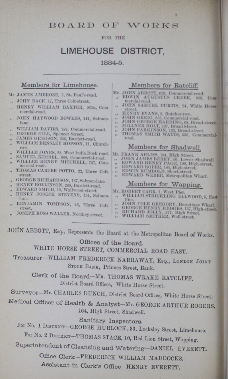 BOARD OF WORKS FOR THE LIMEHOUSE DISTRICT, 1884-5. Members for Limehouse. Mr. JAMES AMBROSE, 2, St. Paul's-road. „ JOHN BACK, 17, Three Colt-street. „ HENRY WILLIAM BAXTER, 803a, Com¬ mercial-road. „ JOHN HAYWOOD BOWLES, 141, Salmon lane. „ WILLIAM DAVIES, 787, Commercial-road. „ GEORGE GILL, Spencer Street. JAMES GREGSON, 230, Burdett-road. „ WILLIAM BENSLEY HOPSON, 11, Church row. „ WILLIAM JONES, 28, West India Dock-road ,, SAMUEL,KIMBEL, 660, Commercial-rood. „ WILLIAM HENRY MITCHELL, 757, Com¬ mercial-road. „ THOMAS CARTER POTTO, 22, Three Colt street. „ GEORGE RICHARDSON, 137, Salmon-lane. „ HENRY ROLLINSON, 280, Burdett-road. ,, EDWARD SMITH, in, Wallwood-street „ HENRY JOSEPH STEVENS, 154, Salmon lane. „ BENJAMIN TOMPSON, 40, Three Colt street. „ JOSEPH ROSS WALLER, Northey-street. Members for Ratcliff. Mr. JOHN ABBOTT, 010. Commercial-road. „ EDWIN AUGUSTUS CREEK, 589, Com mercial-road „ JOHN SAMUEL CURTIS, 24, White Horse- street. „ HENRY EVANS, 3, Butcher row. ,, JOHN GREIG, 558, Commercial-road. „ JOHN GEORGE HARDING.68, Broad-street „ MILLNER HOLT, 107, Broad Street „ JOHN PARKINSON, 123, Broad-street. „ THOMAS SMITH WATTS, 550, Commercial road. Members for Shadwell. Mr. FRANK ARLISS, 194, High Street. „ JOHN JAMES HERRY, 50, Lower Shadwell „ EDWARD HENRY PAGE, 199, High street. „ EDWARD ROPER, 184, Highstreet „ EDWIN RUMBOLD, Short- street. „ EDWARD WEBER, Metropolitan Wharf. Members for Wapping. Mr. ROBERT CARR, 1. West Pier. ,, WILLIAM STRICKLINO ELLWOOD.5, East ,. JOHN COLE GREGORY, Hermitage Wharf „ GEORGE HENRY HEDGES. 137, High-street ,, RICHARD JOLLY, 277. High Street. „ WILLIAM SMITHER, Well-street. JOHN ABBOTT, Esq., Represents the Board at the Metropolitan Board of Works. Offices of the Board. WHITE HORSE STREET, COMMERCIAL ROAD EAST. Treasurer—WILLIAM FREDERICK NARRAWAY, Esq., London Joint Stock Bank, Princes Street, Bank. Clerk of the Board-Ms. THOMAS WRAKE RATCLIFF, District Board Offices, White Horse Street. Surveyor—Mr. CHARLES DUNCH, District Board Offices, White Horse Street. Medical Officer of Health & Analyst—Mr. GEORGE ARTHUR ROGERS, 164, High Street, Shad well. Sanitary Inspectors. For No. 1 District—GEORGE HURLOCK, 33, Locksley Street, Limehouse. For No. 2 District—THOMAS STACE, 10, Red Lion Street, Wapping. Superintendent of Cleansing and Watering—DANIEL EVERETT. Office Clerk—FREDERICK WILLIAM MADDOCKS. Assistant in Clerk's Office-HENRY EVERETT.