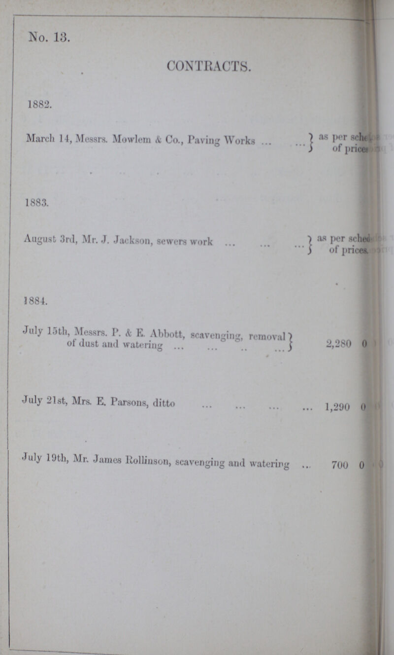 No. 13. CONTRACTS. 1882. March 14, Messrs. Mowlem A; Co., Paving Works as per sche??? of prices 1883. August 3rd, Mr. J. Jackson, sewers work as per sche??? of prices. 1884. July 15th, Messrs. P. & E. Abbott, scavenging, removal of dust and watering 2,280 0??? July 21st, Mrs. E. Parsons, ditto 1,290 0??? July 19th, Mr. J ames Rollinson, scavenging and watering 700 0???