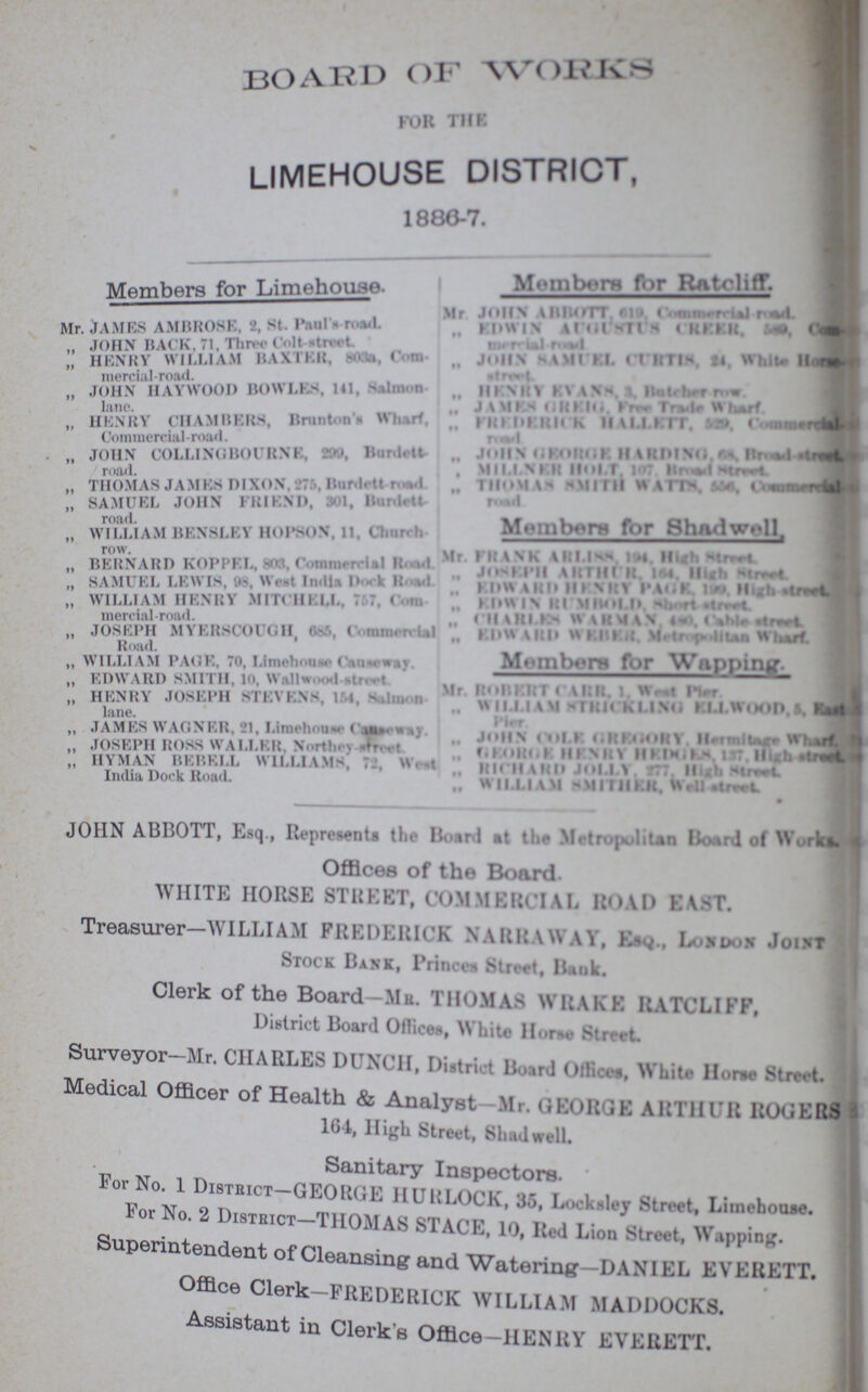 BOARD OF WORKS for the LIMEHOUSE DISTRICT, 1886-7. Members for Limehou.se. Membrs for Ratelitf. Mr. JAMES AMRROSE. 2, St. Paul - road. M««l\ \l <. I - II - • lll'KK >8. O^H „ JOHN HACK. 71, Tlitvr « ■ It -if t „ HENRY WILLIAM ItVMI B, Oo«- (t J«.||N soil H. < I KTIM, fl. WhlU II r«. nierci.il road. •IrmL „ JOHN HAYWOOD HOW 1,1 -i. 141. s dm n . IIIM:* KVv*- II • . lane. _ . .. umi m.iii n. »>«. Tr».if»iwwf 4. „ HENRY CHAMBERS, Brunt n n Wli.irf, n hliHK IIAI.I > > ■JB Commercial-road. „ JOHN ( OI.UM;HiU CM •. BunMl .n >11 s . i •. i || \i:|i|Ni. road. I , Mill Ml: ilol.T. l<*7 lir<«.l Mr«H „ THOMAS JAMKS |)IX«>N. 27,'., Hnrd.-tt n*d „ |||nM\> MIMIWWl» - uj „ SAMUEL JOHN PB]KM), 301, llurdrtt NM „ WILLIAM BENSLEY H01*S0N, 11, Cliurrh M»':nh«TX f<>r Sh/i'lw»»ll. „ bernard KOPPIL, m, Commercial Road. Mr *** l';' !, , i* l?1 „ SAMUEL LEWIS. W.-,t India Dock Road.  , ,',~N ! , i, | /\itv M wiiimu nrvi v \l in ll I I i - - , 1 ,W U EMM I v ' II -.rL „ WILLIAM HKNK\ Milt II KI.L, . .. ( cm- fl>\\ I N l: I \| lu ■ | I > hurt «lmL ii. i 111 j ii < II Utl I - W VII \l \ V m, <*M» Xfwi  l'oid ,,V'' mn'n'•• »'-l»w vi:l» « »r» : Mnr»t>.|lUii H „ William paqR, i^UMtanftaMv, Members fbr Wappinir. „ EDWARD SMITH, 10, Wall* I str. • r— „ HENRY JOSEPH STEVENS IM, s .li„ n Mr ; ,.1' v'-,; ' ' ' . ]ane. ' ' I f« *II.I.UM xlltll KIIM. I II \\ < m i|> s rut 4 „ JAMES WACNER. 21. Liniehou*- « «u< « ,. fW.. _ „ JOSEPH Ross WALLER, Nor' • I. MlK. 7 ' 11 \A »mJ » lTT~ *%* iT2f^l „ HYMAN RERELL WILLIAM-. 7.'. W„t Vt rn u i .Vi\ .  India Dock Road. • 1 ' ! t .; \ 'l'/h „ H 11.1.1 \ M VII TIIKK, U« 11 .in^L • JOHN ABBOTT, Esq., Represents the Board »t the Metropolitan Board of Wof®| Offices of the Board. WHITE HORSE STREET, 00MMBR0I U( ROAD EAST. Treasurer—WILLIAM FREDERICK NARRAWAY, E*j.. Lo*do* jol,rf Stock Bank, Prince* Street, Bank. Clerk of the Board - Mb. THOMAS WRAKK RATCLI FF, District Board Oflices, White liorae Street. I Surveyor—Mr. CHARLES DUNCH, District Board OH . ^ »ite Hone Street. | Medical Officer of Health & Analyst -Mr. GB0RG1 ARTHUR BOQlfl 164, High Street, Shad well. Sanitary Inspectors. For No. 1 District—GEO KG E 11U It LOCK, 35, Locksley 8treet, Liinehouae. For No. 2 District—'THOMAS STACE, 10, Red Lion Street, Wapping. Superintendent of Cleansing and Watering -DANIEL EVERETT. Office Clerk—FREDERICK WILLIAM MADDOCKS. Assistant in Clerk s Office-llENRY EVERETT.