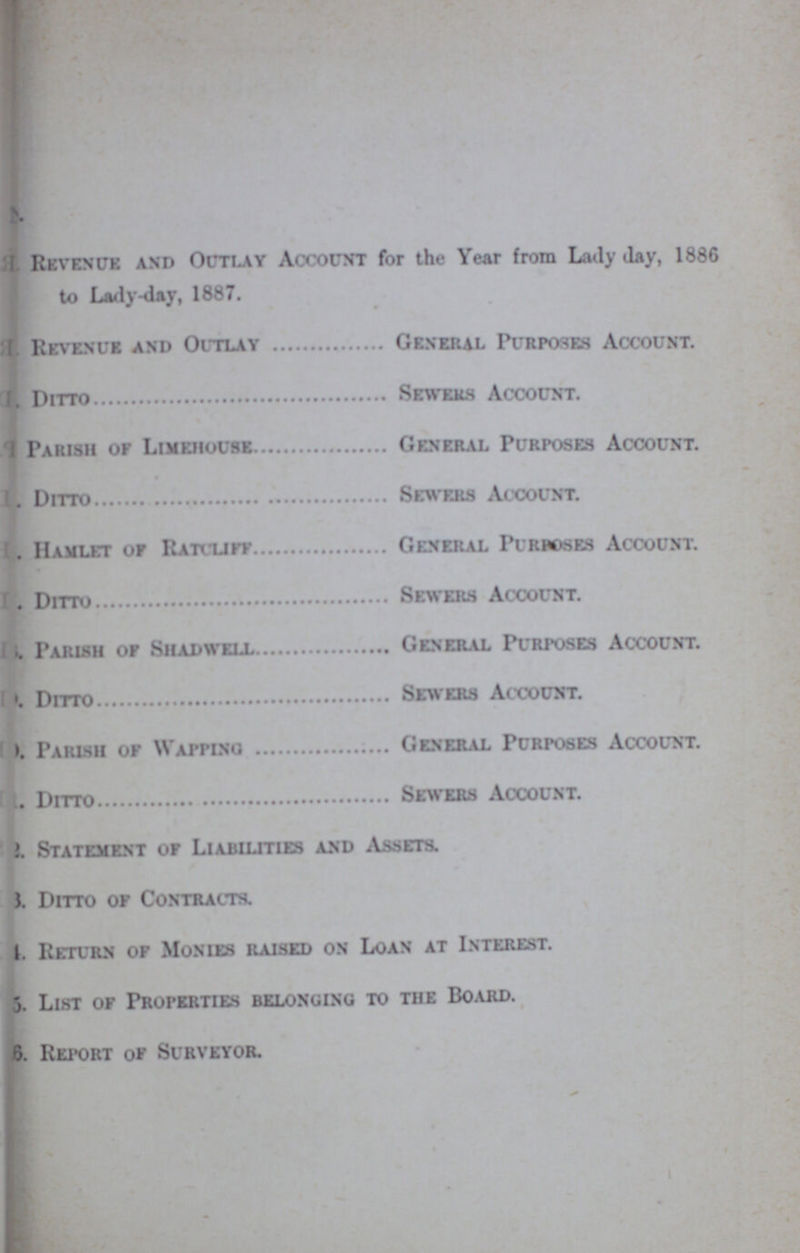 Revenue and Outlay Account for the Year from Lady day, 1886 to Lady day, 1887. Revenue and Outlay General Purposes Account. Ditto Sewers Account. I Parish of Limehouse General Purposes Account. I. Ditto Sewers Account. . Hamlet of Rattupf General Purposes Account. . Ditto Sewers Account. .. Parish of Shad well General Purposes Account. . Ditto Sewers Acxjount. . Parish of Wapping General Purposes Account. . Ditto Sewers Account. 2. Statement of Liabilities and Assets. 3. Ditto of Contracts. 4. Return of Monies raised on Loan at Interest. 5. List of Properties belonging to the Board. 6. Report of Surveyor.