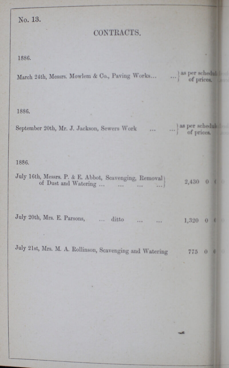 No. 13. CONTRACTS. 1886. March 24th, Messrs. Mowlom & Co., Paving work of pricifl 1886. of prices 1886. July l6th, Messrs. P. &c E. Abbot, Scavening Removal of Dust and Watering July 20th, Mrs. E. Parsons, ditto 1,320 0 0 July 21st, Mrs. M. A. Rollinson, Scavenging and Watering 770 0
