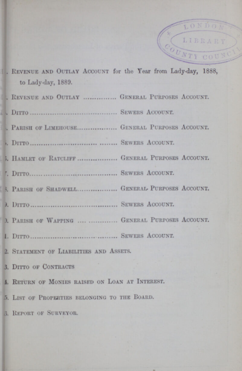 1. Revenue and Outlay Account for the Year from Lady-day, 1888, to Lady-day, 1889. 2. Revenue and Outlay General Purposes Account. 3. Ditto Sewers Account. 4. Parish of Limehouse General Purposes Account. 5. Ditto Sewers Account. 6. Hamlet of Ratcliff General Purposes Account. 7. Ditto Sewers Account. 8. Parish of Shadwell General. Purposes Account. 9. Ditto Sewers Account. 10. Parish of Wafting General Purposes Account. 11. Ditto Sewers Account. 12. Statement of Liabilities and Assets. 13. Ditto of Contracts 14. Return of Monies raised on Loan at Interest. 15. List of Properties belonging to the Board. 16. Report of Surveyor.