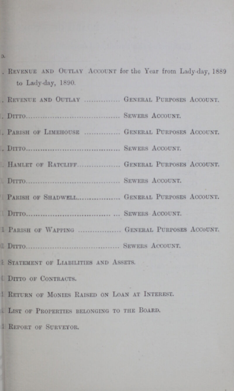 0 . revenue and Outlay Account for the Year from Lady-day, 1889 to Lady-day, 1890. . Revenue and Outlay General Purposes Account. . Ditto Sewers Account. . Parish of Limehouse General Purposes Account. . Ditto Sewers Account. Hamlet of Ratcliff General Purposes Account. Ditto Sewers Account. Parish of Shadwell General Purposes Account. Ditto Sewers Account. Parish of Waiting General Purposes Account. Ditto Sewers Account. Statement of Liabilities and Assets. Ditto of Contracts. Return of Monies Raised on Loan at Interest. List of Properties belonging to the Board. Report of Surveyor.