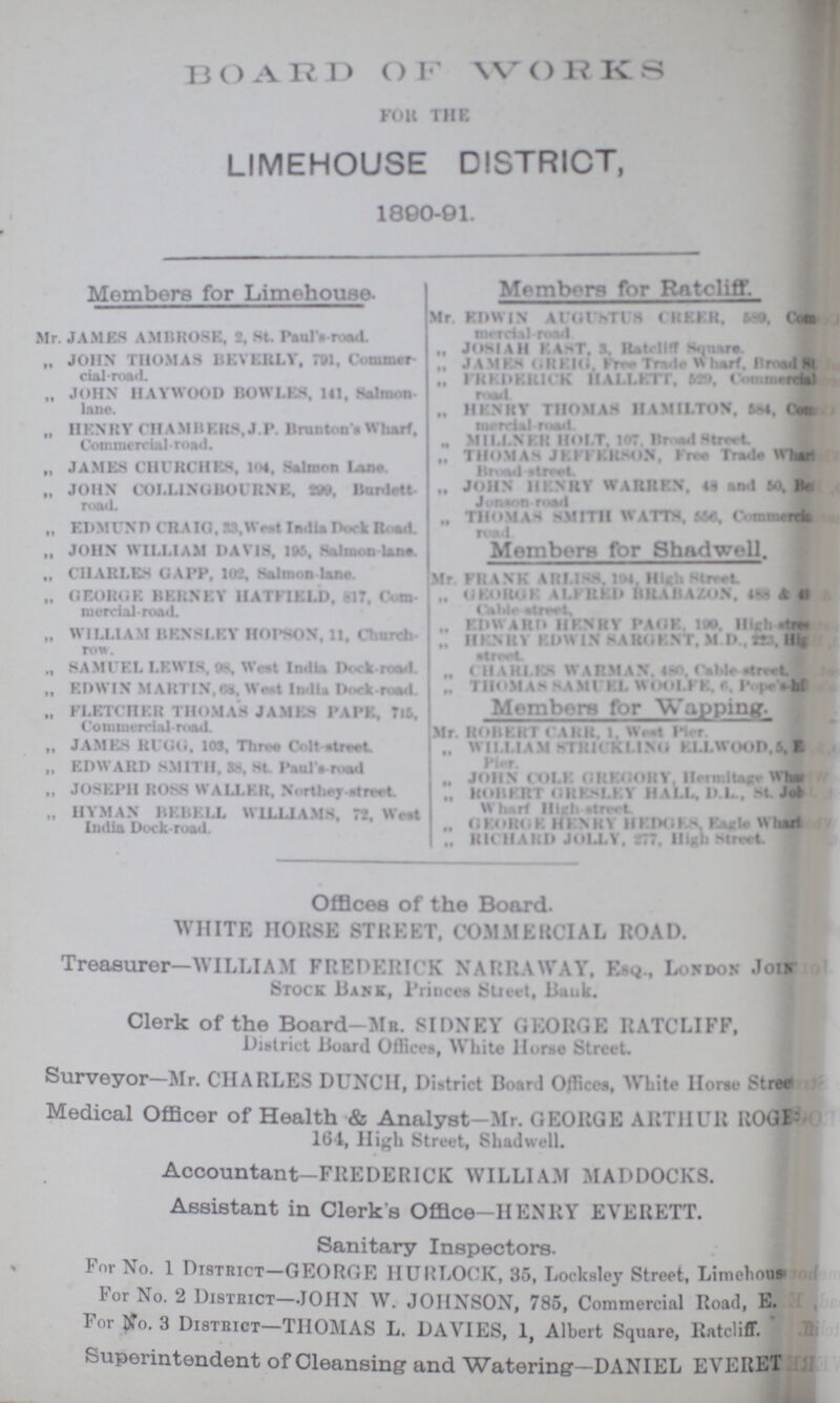 BOARD OF WORKS FOR THE LIMEHOUSE DISTRICT, 1800-91. Members for Limehouse. Mr. JAMES AMBROSE, 2, St. Paul's road. „ JOHN THOMAS BEVERLY, TBI, Commer cial-road. „ JOHN HAYWOOD BOWLES, HI, Salmon lane. „ HENRY (HAMMERS, J.P Brunton's Wharf. Commercial-road. „ JAMES CHURCH 18, 104. Salmon Lane „ JOHN COLLINGBOURNE, 299. Burdett road. „ EDMUND C'RAIG, 33,Want India Dock Road. „ JOHN WILLIAM DAVIS. 195 Salinon lane „ CHARLES GAPP, 102, Salmon lane. „ GEORGE BERNEY HATFIELD. 817, Com mercial-road. „ WILLIAM BENSLEY HOPSON. 11, Church row ., SAMUEL LEWIS. West India Dock road. „ EDWIN MARTIN, 68, Wwt India Dock-road. „ FLETCHER THOMAS JAMES PAPE, 715, Commerical road. „ JAMBS BUGG. 103. Three Colt street „ EDWARD SMITH 38 St. Paul's- road „ JOSEPH ROSS WALLER, Northey-street HYMAN BEBELL WILLIAMS, 72. West India Dock-road. Member for Ratcliff Mr. EDWIN AUGUSTUS CHEER. 589, Com merical road „ JOSIAH EAST, 3. Ratcliff Square. „ JAM ES GREIG Free Trade Wharf Broad St „ FREDERICK HALLETT. 529. Commercial road „ HENRY THOMAS HAMILTON, 584 Com mercial road. „ MILLNER HOLT, 107. Board Street „ THOMAS JEFFERSON. Free Tradr Whart Broad Street „ JOHN HENRY WARREN, 48 and 50, Be Jonson road „ THOMAS SMITH WATTS. 556 Commercial road. Members for Shadwell. Mr. FRANK ARLISS. 194, High Sreet „ GEORGE ALFRED BRABAZON. 488 & 49??? Cable street, „ EDWARD HENRY PAGE, 199, High-street „ HENRY EDWIN SAROENT. M D., 223. High street „ CHARLES WARMAN, 480. Cable street „ THOMAS SAMUEL WOOLFE. 6. Pope's hf??? Members for Wapping. Mr. ROBERT CARR. 1, West Pier „ WILLIAM STRICKLING ELL WOOD,5, E Pier. „ JOHN COLE GREGORY, Hermitage Whar??? „ ROBERT GRESLEY HALL. D.L., St Job Wharf High -street. „ GEORGE HENRY HEDGES. EAGLE Whart „ RICHARD JOLLY, 277. High Street. Offices of the Board. WHITE HOUSE STREET, COMMERCIAL ROAD. Treasurer— WILLIAM FREDERICK NARRAWAY, Esq., London Join Stock Bank, Princes Street, Bank Clerk of the Board-Mr. SIDNEY GEORGE RATCLIFF, District Board Offices, White Horse Street. Surveyor-Mr. CHARLES DUNCH, District Board Offices, White Home Street Medical Officer of Health & Analyst Mr. GEORGE ARTHUR ROGE 161, High Street, Shad well. Accountant— FREDERICK WILLIAM MADDOCKS. Assistant in Clerk's Office— HENRY EVERETT. Sanitary Inspectors. For No. 1 District-GEORGE HURLOCK, 35, Locksley Street, Limehous For No. 2 District— JOHN w. JOHNSON, 785, Commercial Road, E. For No. 3 District— THOMAS L. DAVIES, 1, Albert Square, Ratcliff. Superintendent of Cleansing and Watering— DANIEL EVERET