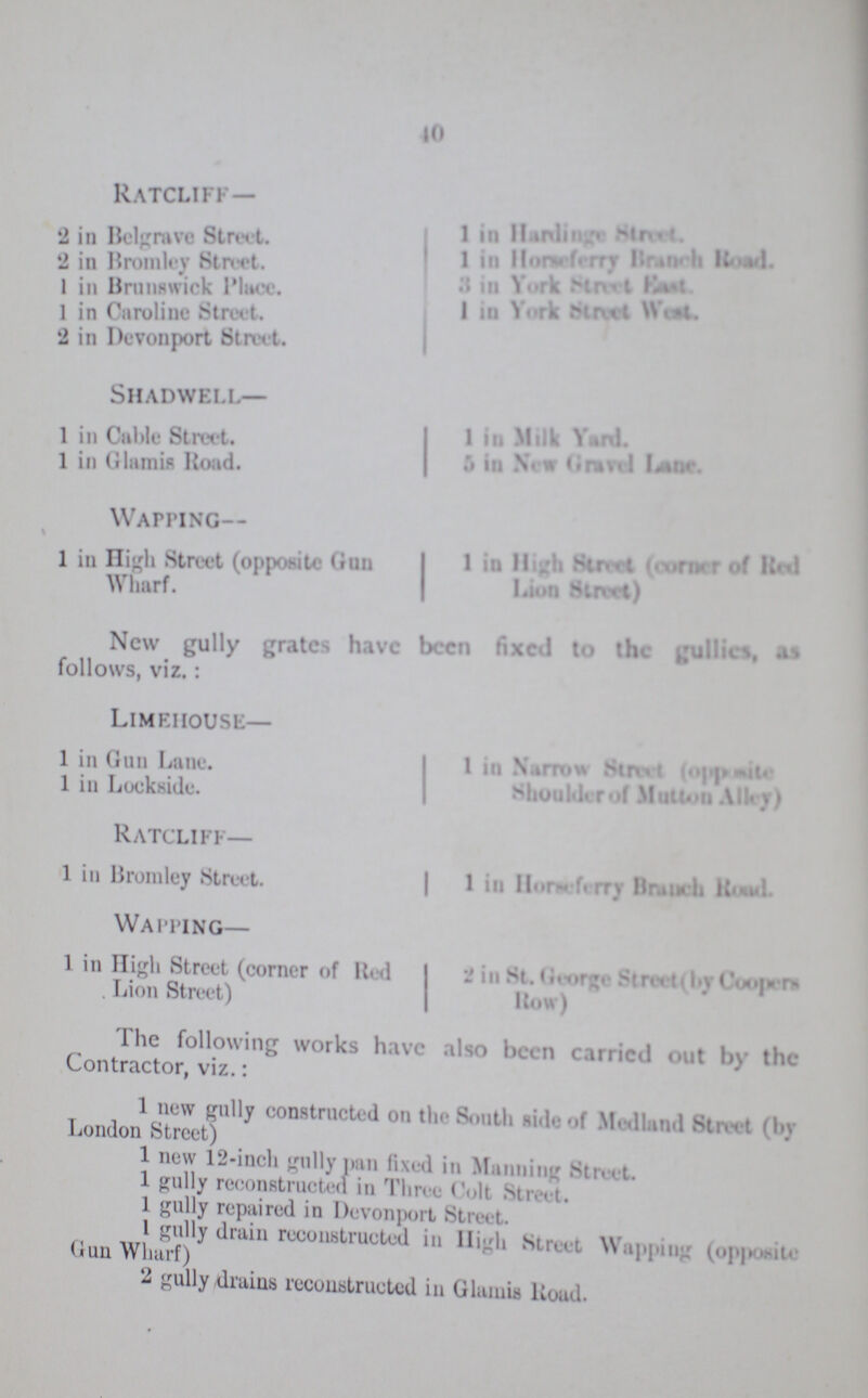 40 RATCLIFF— 2 in Belgrave Stm t. 2 in Bromley Street. 1 in Brunswick place. 1 in Caroline Street. 2 in Devonport Street SHADWALL— 1 in Cable Street. 1 in Glamis Road. WAPPING— 1 in High Street (opposite Guu Wharf.) 1 in Harding Street 1 in horsferry Branch Mood. 8 in York Street east. 1 in York Street west. 1 in Milk Yard. 5 in New gravel lane. 1 in High Street (corner of Red Lion Street) New gully grates have been fixed to the gullies, as follows, viz.: LlMEHOUSE— 1 in Gun Lane. 1 in Lockside. RATCHLIFF— 1 in Bromley Street. WAPPING— 1 in high Street (corner of red . Lion Street) 1 in Narrow Street (opposite Shoulder of Mutton Alley) 1 in Horseferry Branch Road 2 in St. George Street (by coopers Row) The following works have also been carried out by the Contractor, viz.: 1 new gully constructed on tin- South side of Medland Street (by London Street) 1 new 12-inch gully pan fixed in Manning Street 1 gully reconstructed in Three Colt Street. 1 gully repaired in Devonport Street. 1 gully drain reconstructed in High Street Wapping (opposite Gun Wharf) 2 gully drains reconstructed in Glamis Road.