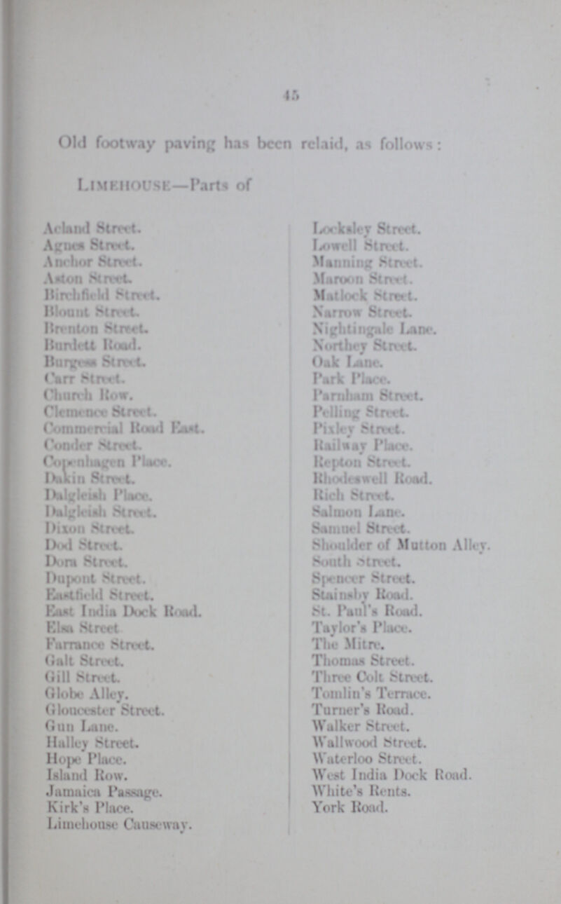 45 Old footway paving has been relaid, as follow: LlMKHOUSE—Parts of Acland Hired. Agnes Sired. Anchor Sired. Art on Street. Birehflied Street. Mount Street. Brenton Street. Burdett Road. Burgess Street. Carr Street. Church How. Clemence Street. Commerical Road East. Cornier Sired. Copenhagen Place. Dakin Street. Dalgleish Place. Dalgleish Street. Dixon Send. Dod Street. Dora Street. Dupont Street. East field Street. East India Duck Road. Kiwi Street Farrance Street. Galt Sired. Globe Alley. Gloucester Street. Gun Lane. Halley Street. Hope Place. Island How. Jamaica Passage. Kirk's Place. Limchousc Causeway. w Ixm killer Sired. Lowell Sired. Manning Street. Maroon Stm t. Matlock Sired. Narrow Sired. Nightingale Iane. Northey Street. Oak Street. Park Place. Parnham Street. Pelting Street. Pixley Street. Railway Place. Report Street. Rhodeswell Road. Rich Street. Salmon Lane. Samuel Street. Shoulder of Mutton Alley. South Street. 8pencer Street. Stains by Road. St. Paul’s Road. Taylor's Place. The Mitre. Thomas Street. Three Colt Street. Tomlin’s Terrace. Turner's Road. Walker Street. Wall wood Street. Waterloo Street. West India Dock Road. White’s Rents York Road.
